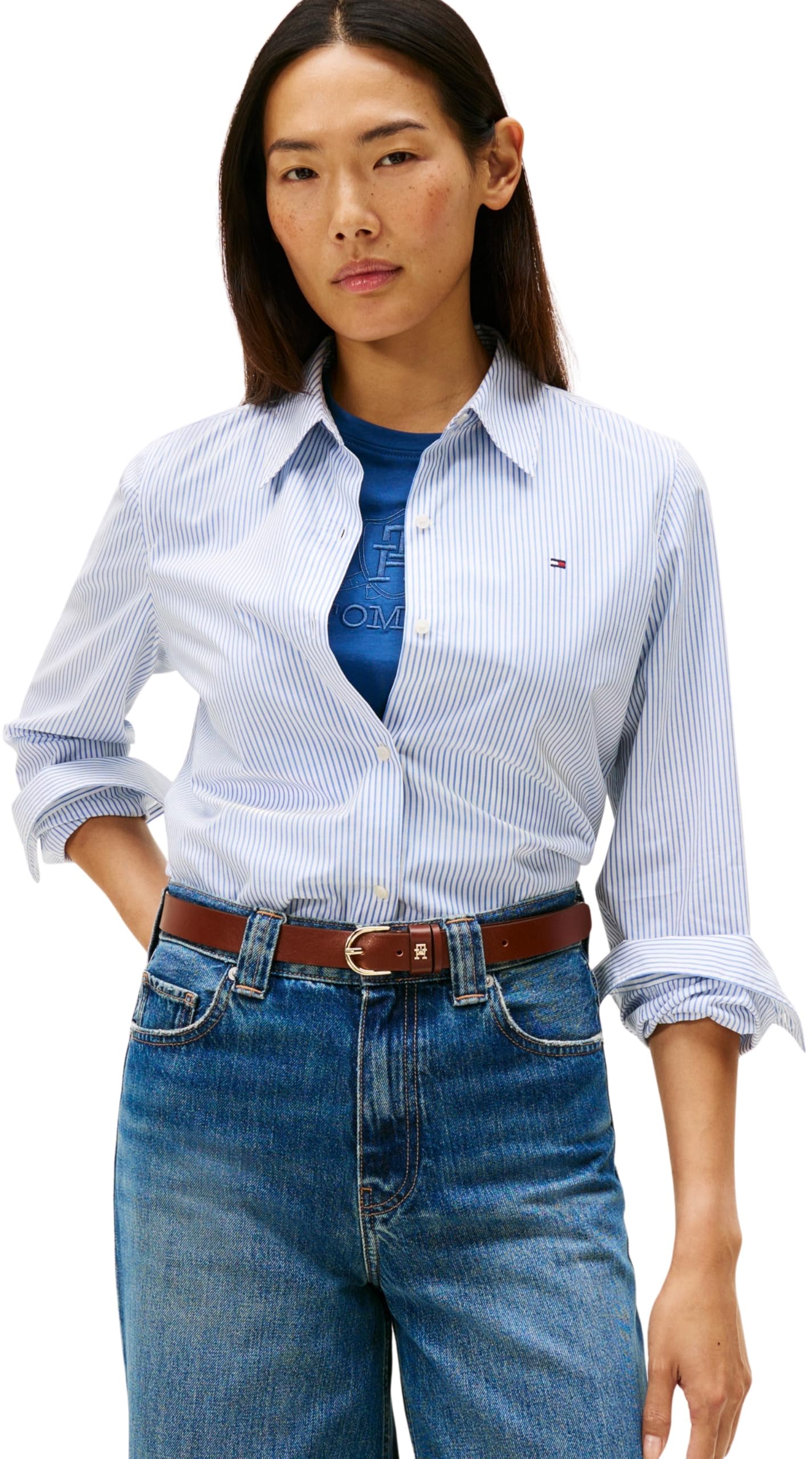 Tommy Hilfiger Damen Hemd Poplin Regular mit Spitzkragen, Blau (Hugh STP/Blue), 34