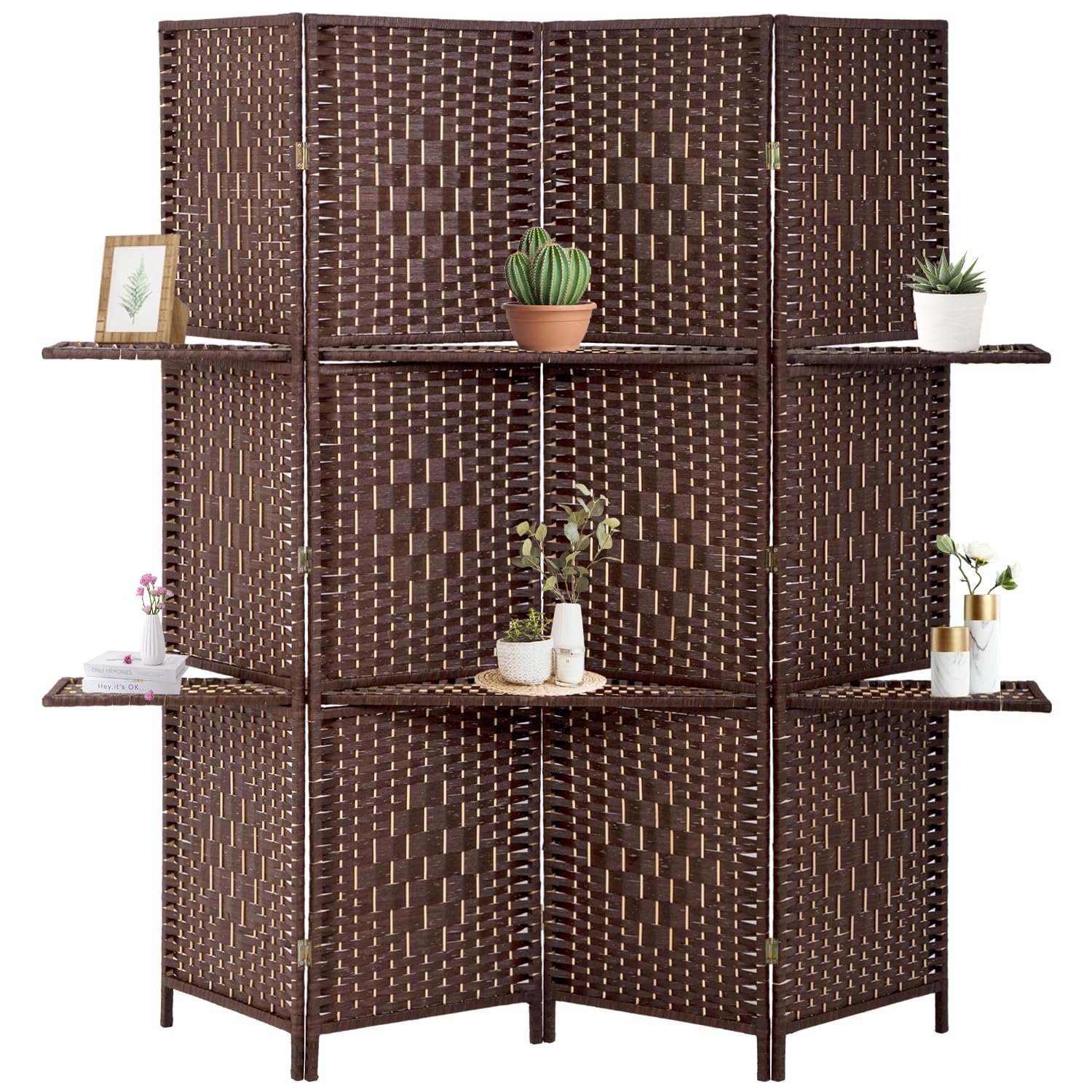 4 Panel Room Screen Divider Wooden Room Divider Folding Portable Partition Screen with Removable Storage Shelves for Home Office (Brown)
