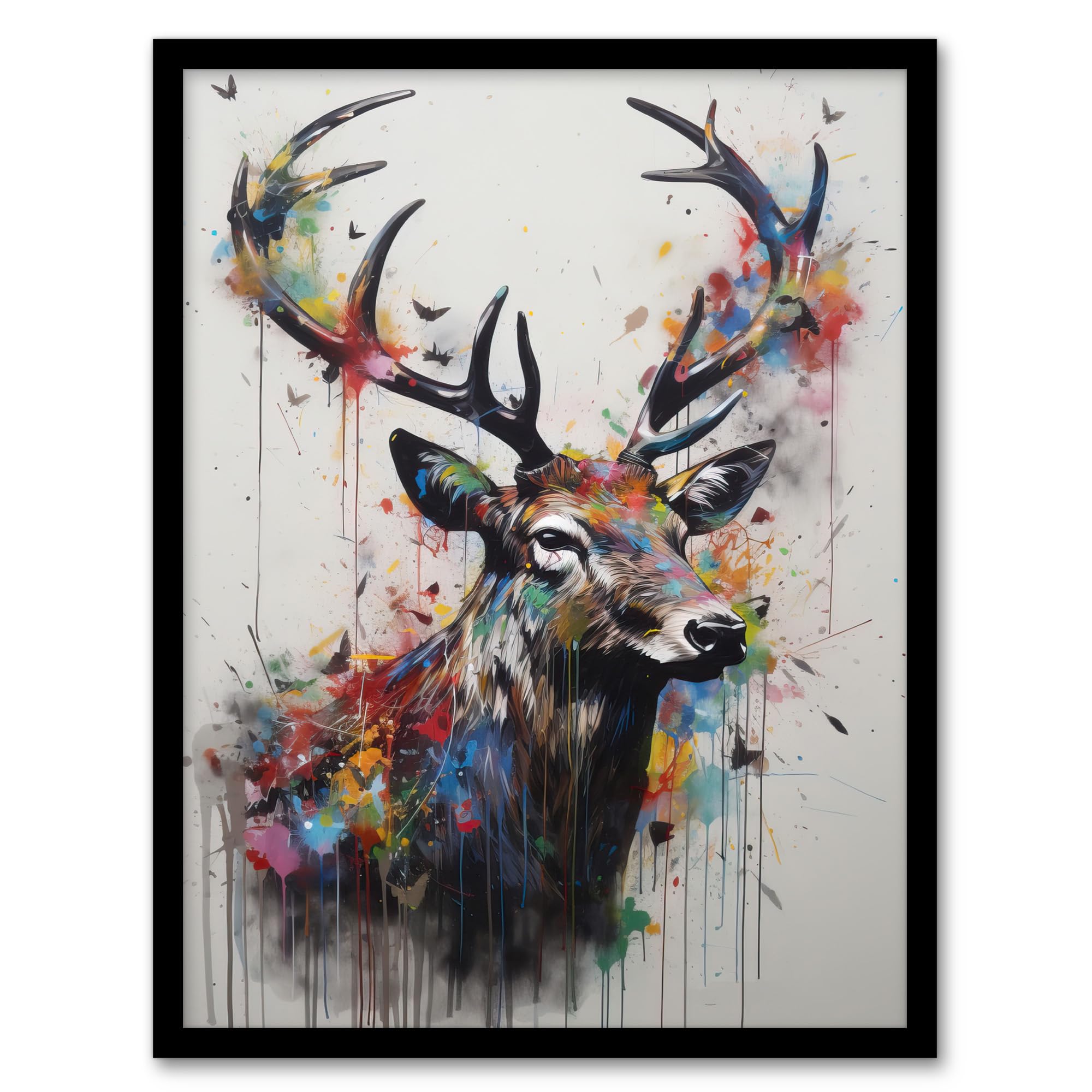 Artery8 Modern Monarch Of The Glen Stag Painting With Butterflies Artwork Framed Wall Art Print A4