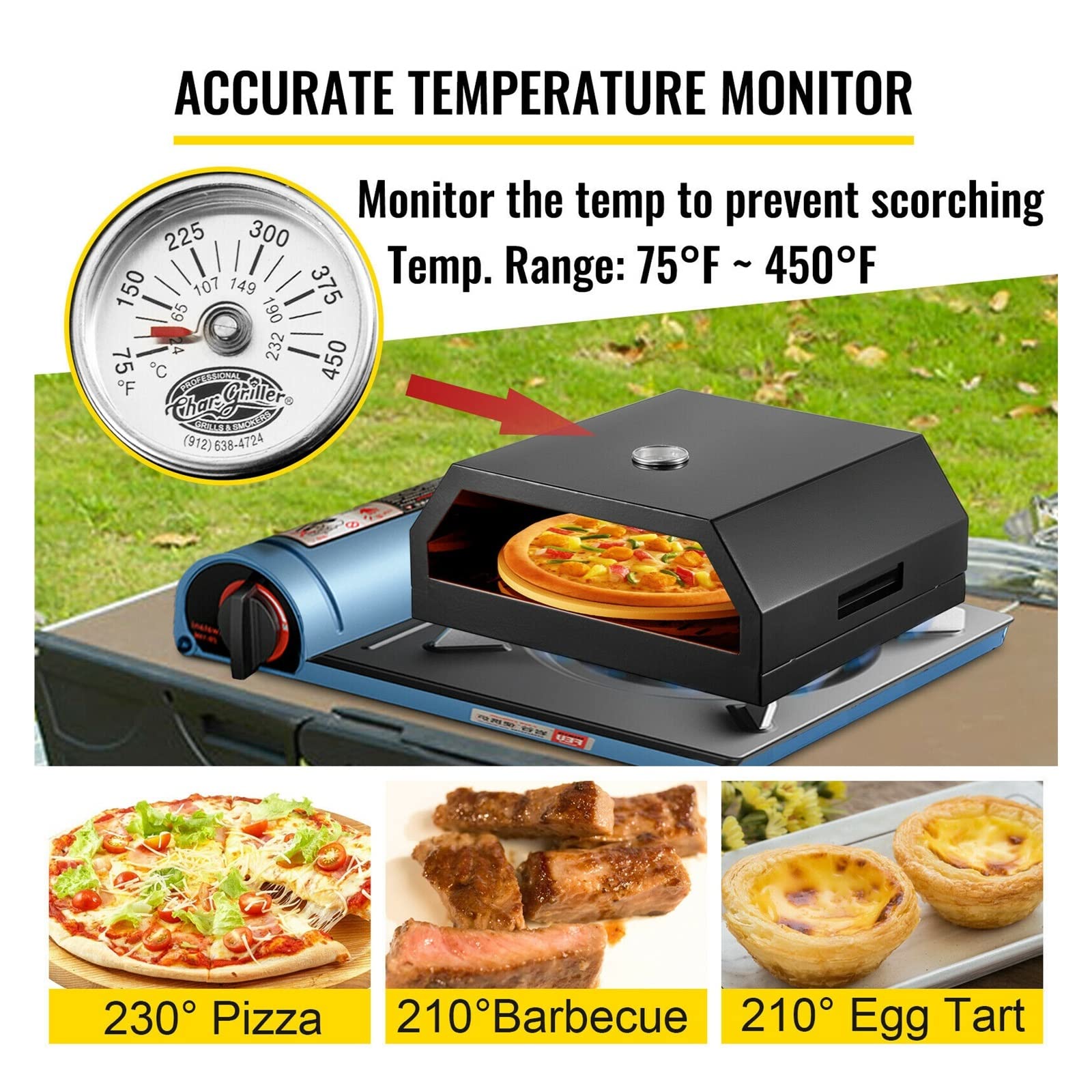 Horno de pizza BBQ, 42 x 37 x 19 cm horno de pizza exterior 24-232 ?Horno de pizza Gas 30.5 cm Diámetro de piedra Horno de pizza Jardín Horno de pizza Kit Parrilla Horno de pizza Acero inoxidable Horn