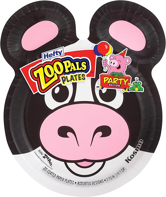 Hefty Zoo Pals Party Edition Paper Plates for Kids, Assorted Animal Designs, 7.75 Inches with Two Dipping Compartments, 20 Count