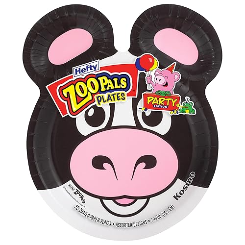 Hefty Zoo Pals Party Edition Paper Plates for Kids, Assorted Animal Designs, 7.75 Inches with Two Dipping Compartments, 20 Count - 20 Count