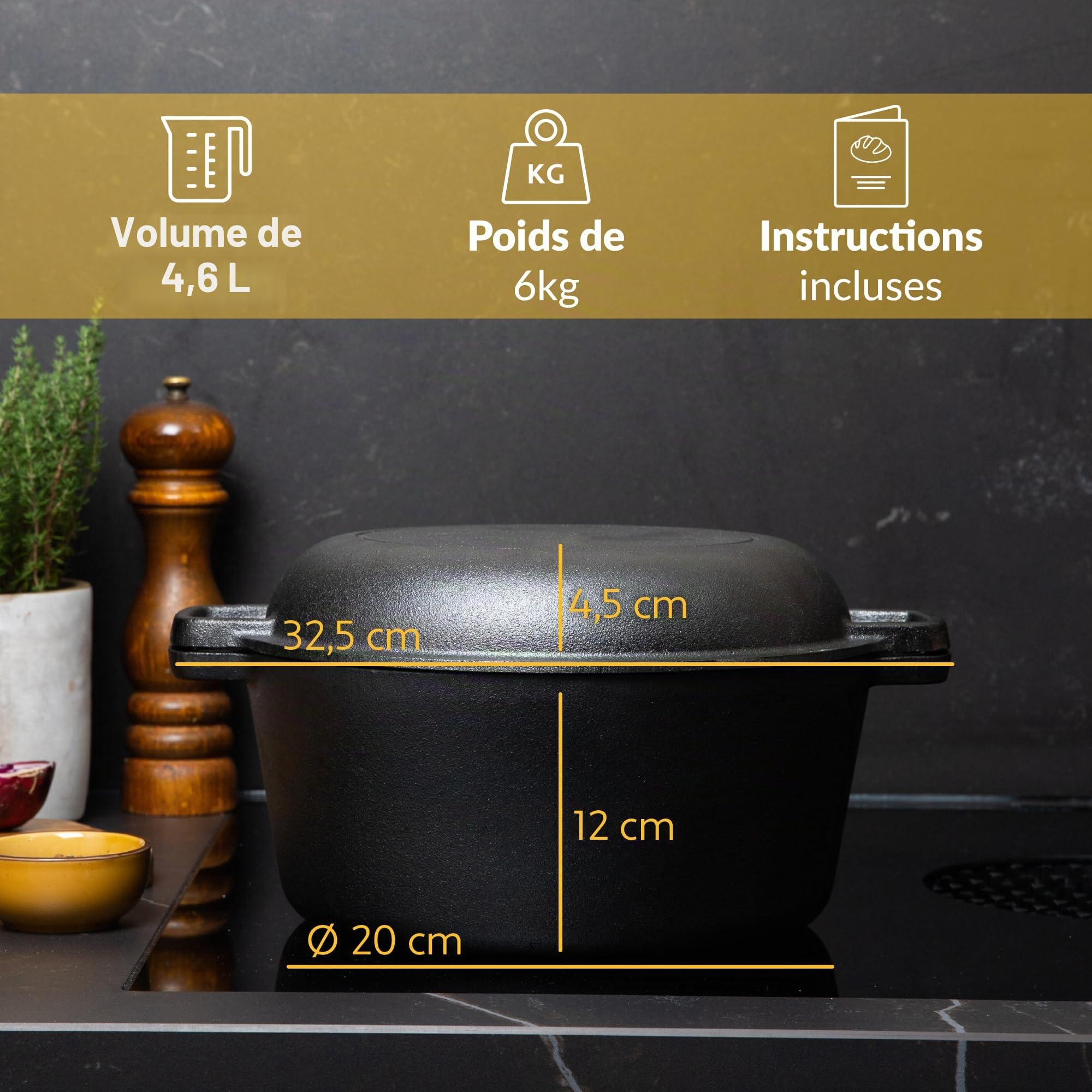 Chefarone Cocotte 2 en 1 avec un panier de fermentation - Marmite en fonte de 26 cm avec couvercle de 4,6 l compatible induction - Marmite en fonte avec double fonction pratique