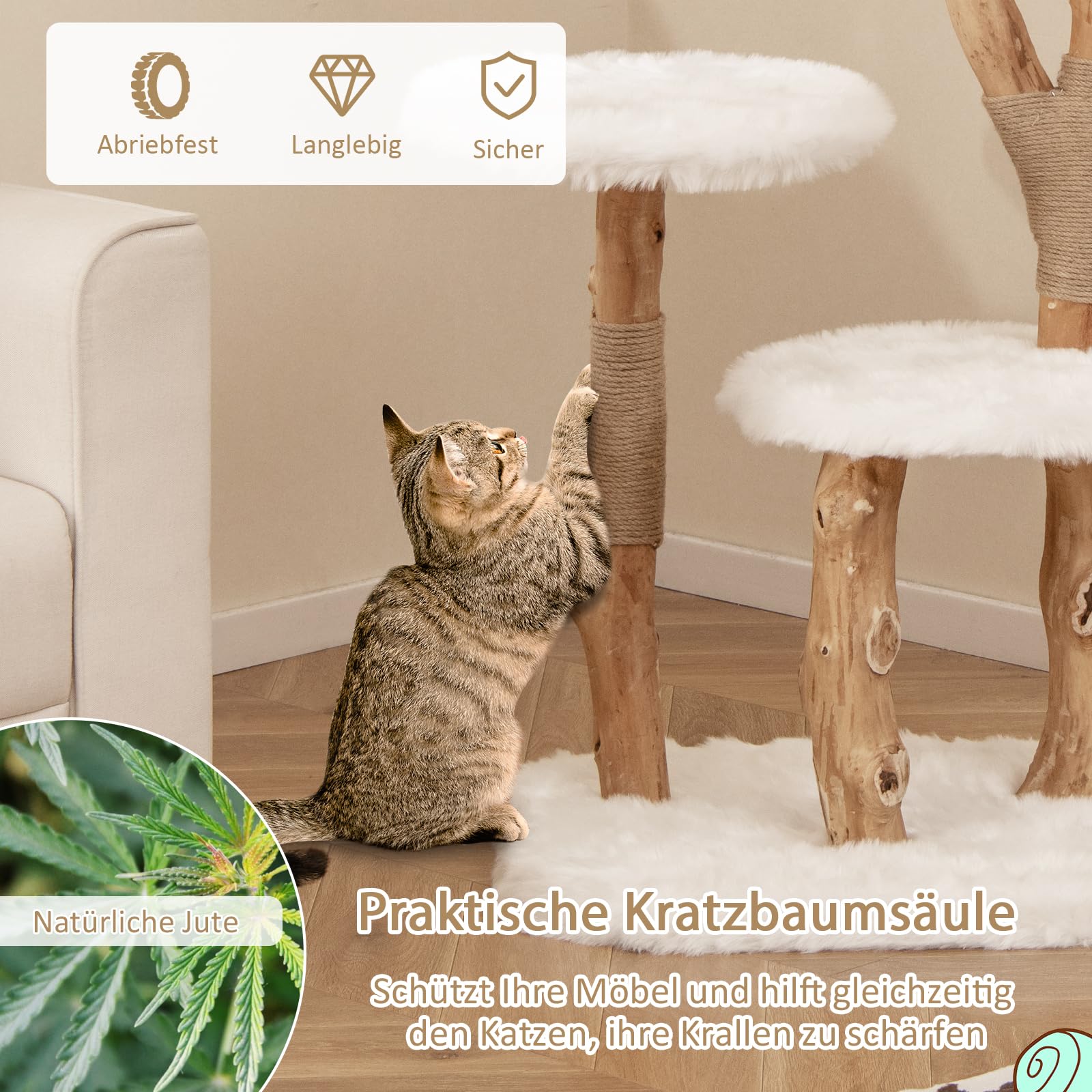 SOARS Rascador de Madera Maciza para Gatos, Árbol para Gatos con 3 Troncos de Peral natural, Cueva para Gatos, cama para gatos, rascador para gatos con pelota de juego, cuerda de yute, 59 x 49 x 110cm