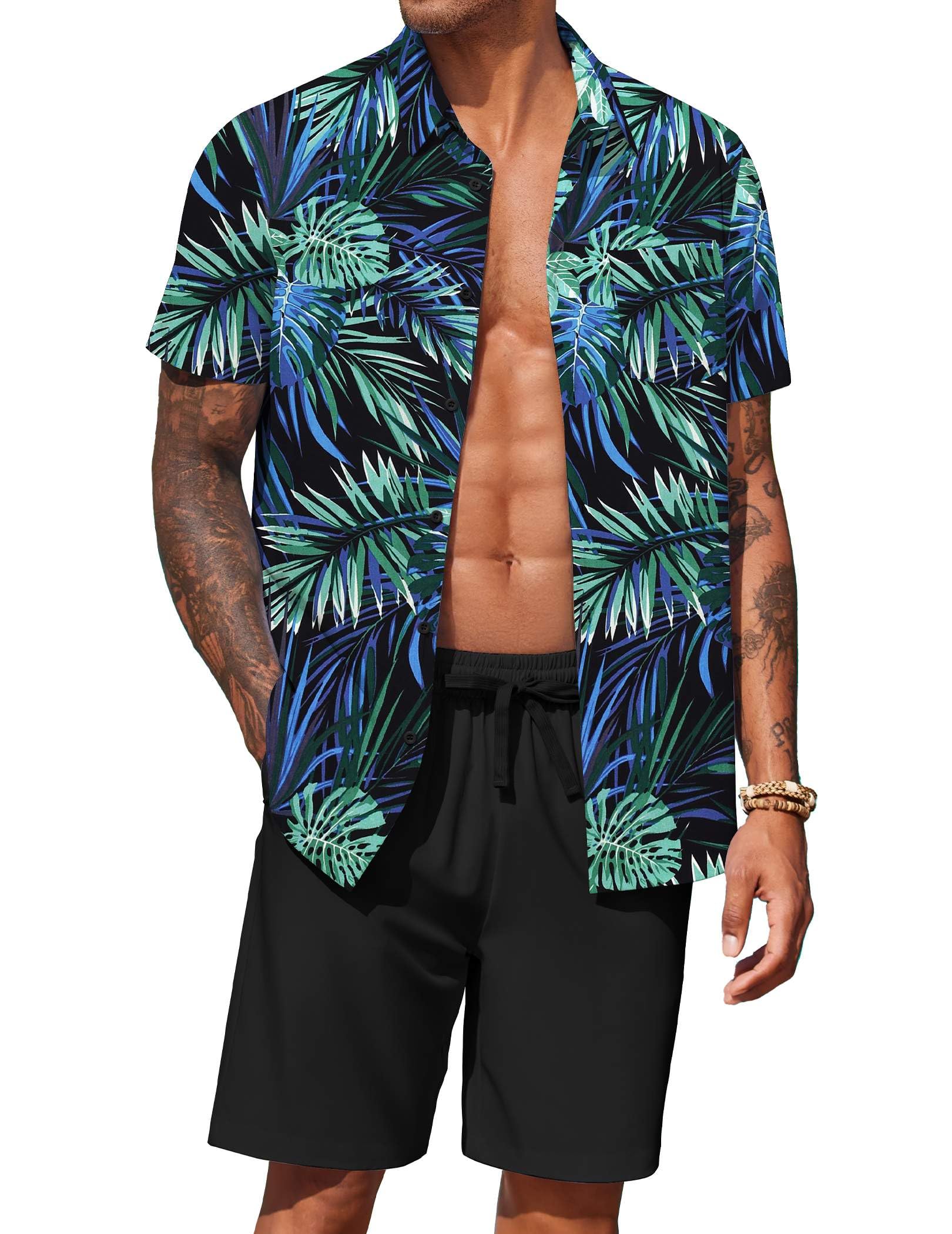 COOFANDY Men's Hawaiian 2 Piece Outfits Floral Button Down Shirt and Shorts Vacation Outfits Summer Beach Matching Set
