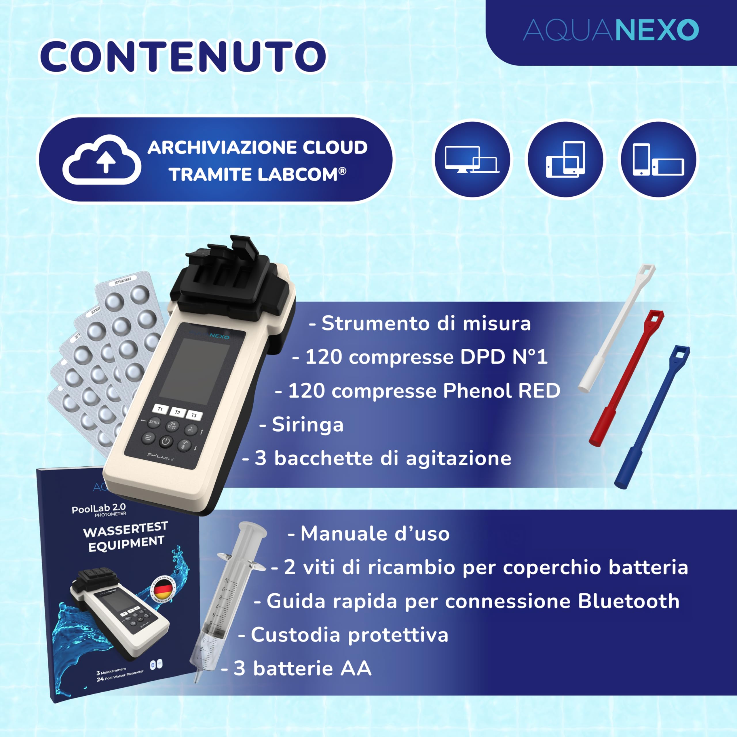 Poollab 2.0 con 240 compresse di prova, cloro e pH, tester per piscina, piscina per bambini, vasca idromassaggio