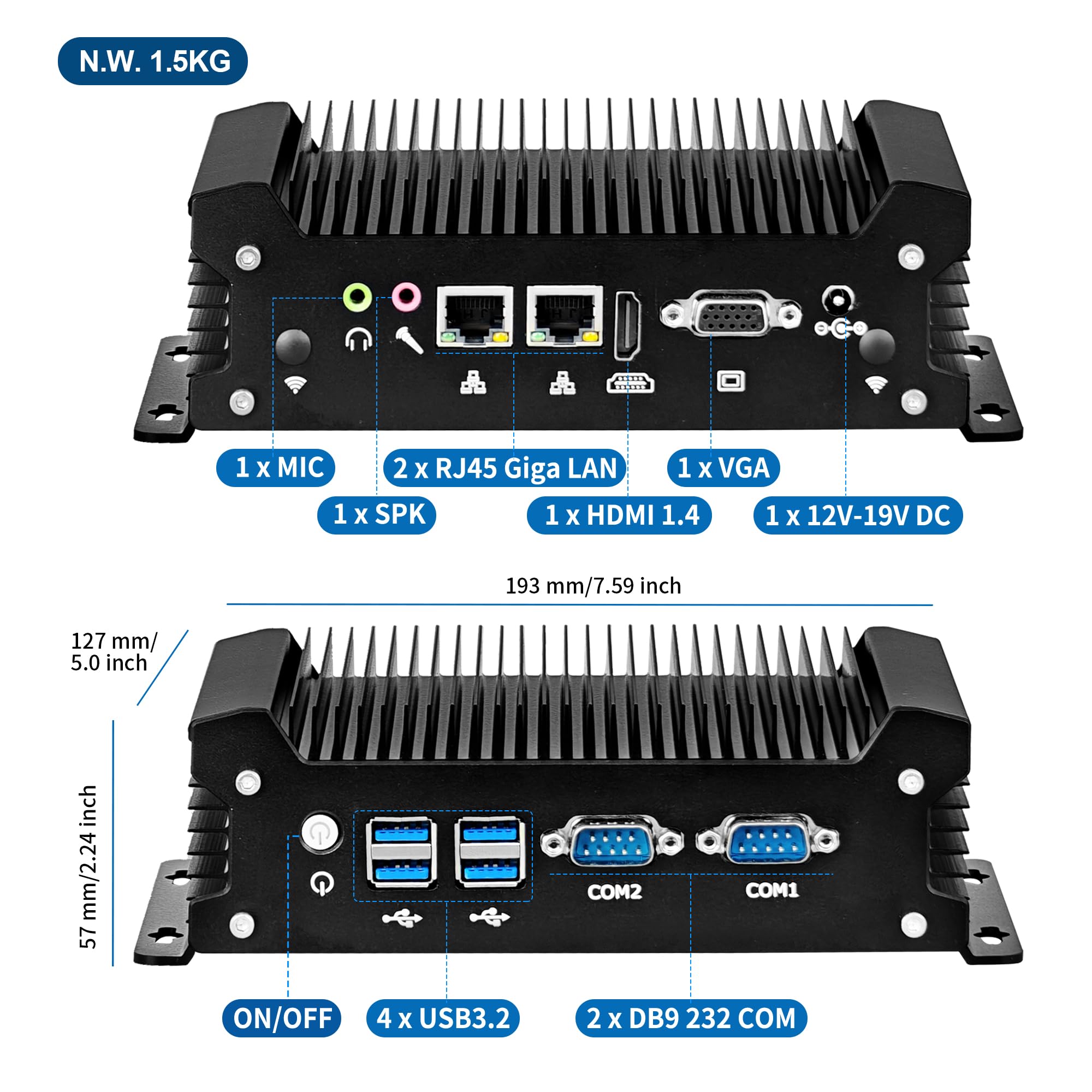 Fanless Mini PC Industrial Computer, Core i3-1215U up to 4.4GHz, 2 x COM RS232, Dual Gigabit LAN, Desktop Micro PC DDR4 16GB RAM 512GB SSD, HD+VGA, SIM Slot, Auto Power On