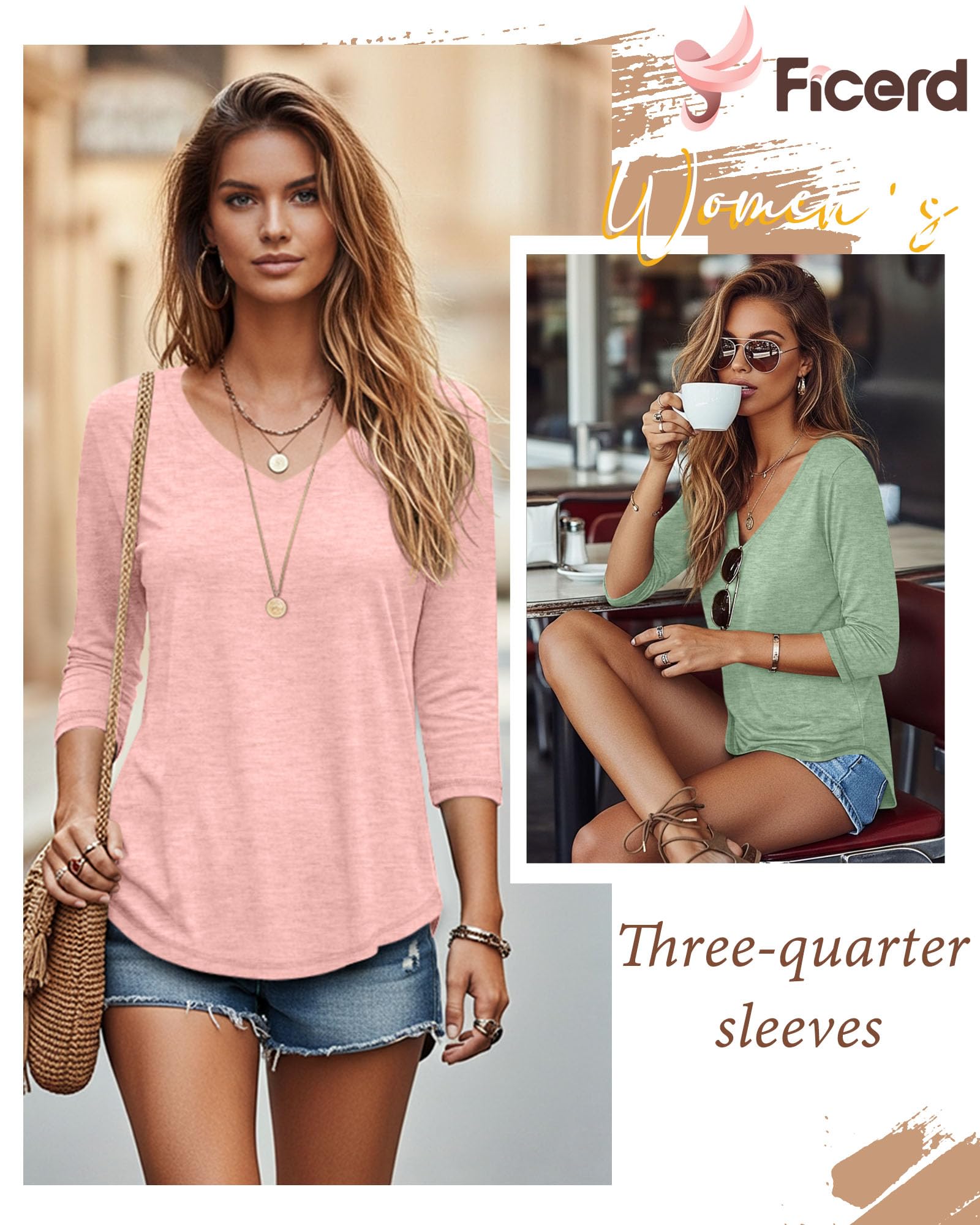 Ficerd Lot de 3 t-shirts à manches 3/4 pour femmes, col en V, coupe ample, t-shirts décontractés 2026, vêtements tendance