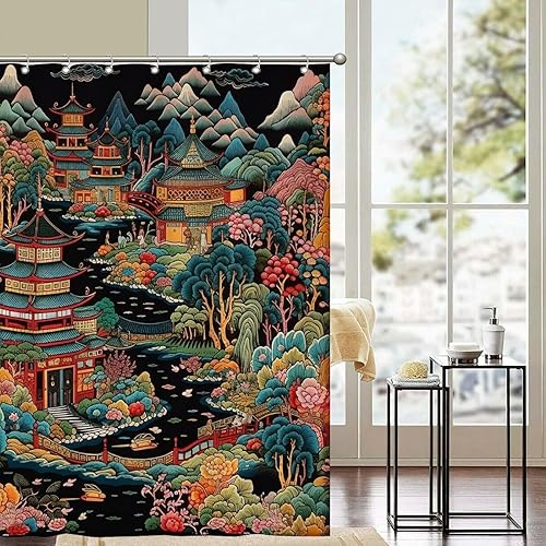 Miniatura 254 de Cortinas de ducha de baño con ganchos, 72 x 92 pulgadas, cortina de ducha de tela impermeable con diseño de flores y pájaros, cortina de ducha