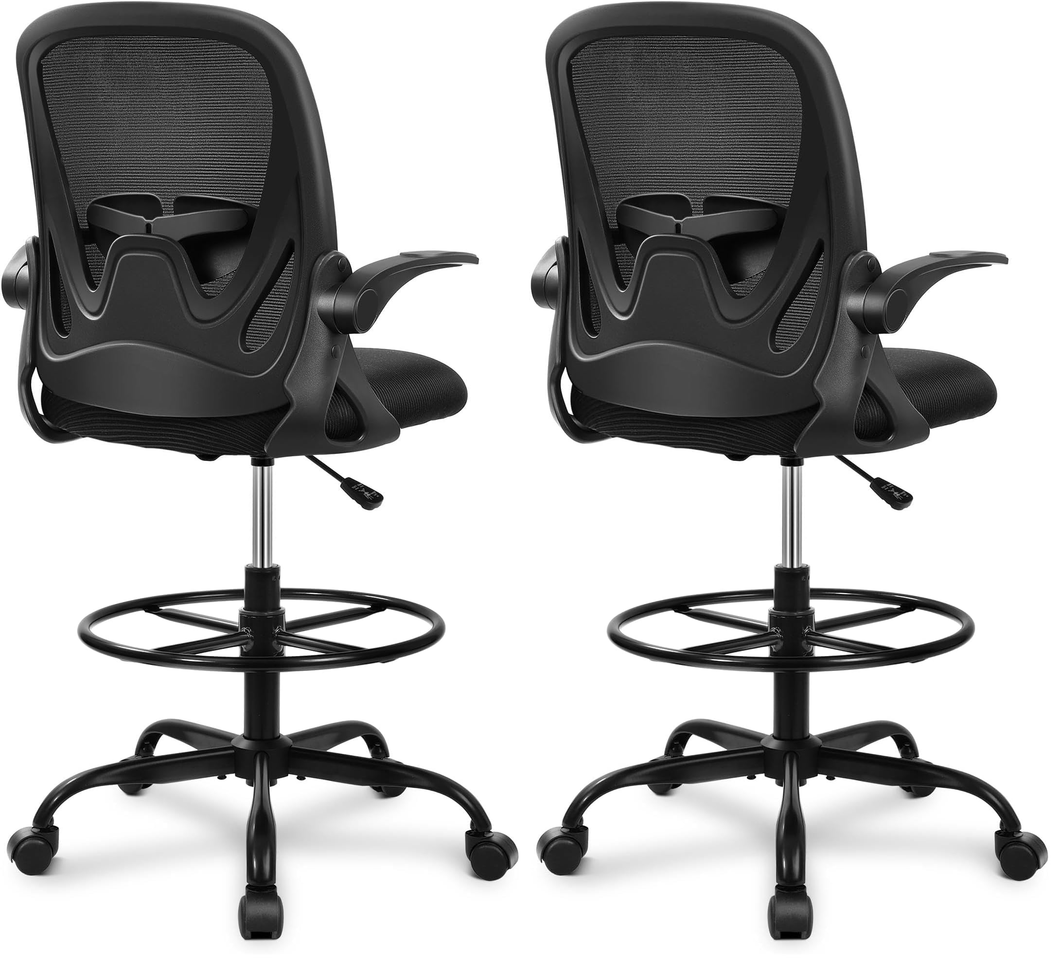 Primy Drafting Chair Tall Office Chair with Flip-up Armrests Executive Ergonomic Computer Standing Desk Chair with Lumbar Support and Adjustable Footrest Ring (Black) (Pack of 2)