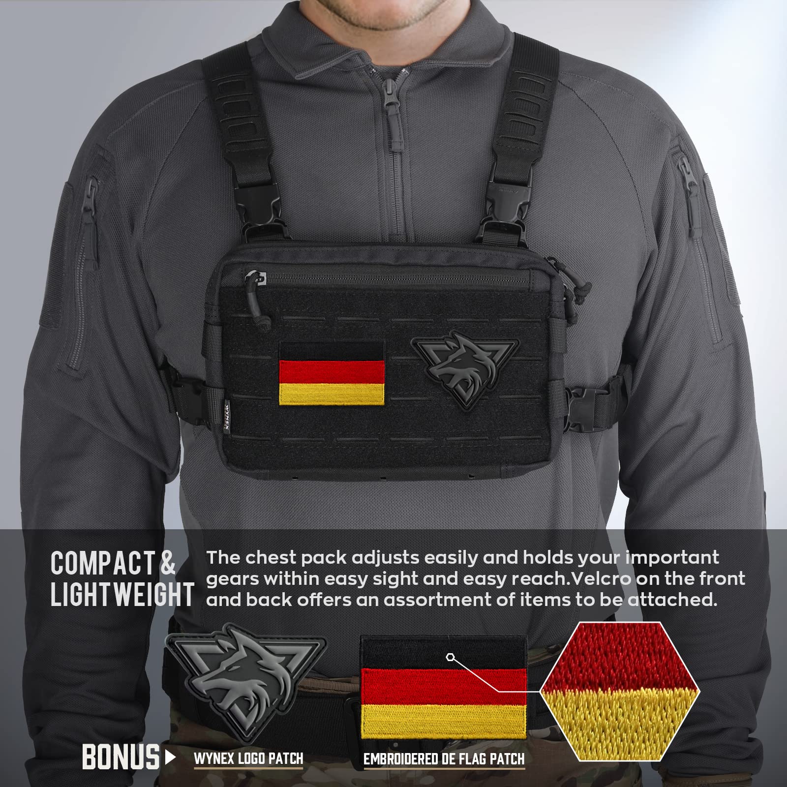WYNEX Pecho táctico Rig Pack para los Hombres, Corriendo Bolsa de Pecho con Lazo Frontal Airsoft Recon Pecho Rigs para la Caza al Aire Libre EDC Combate Parche Incluido