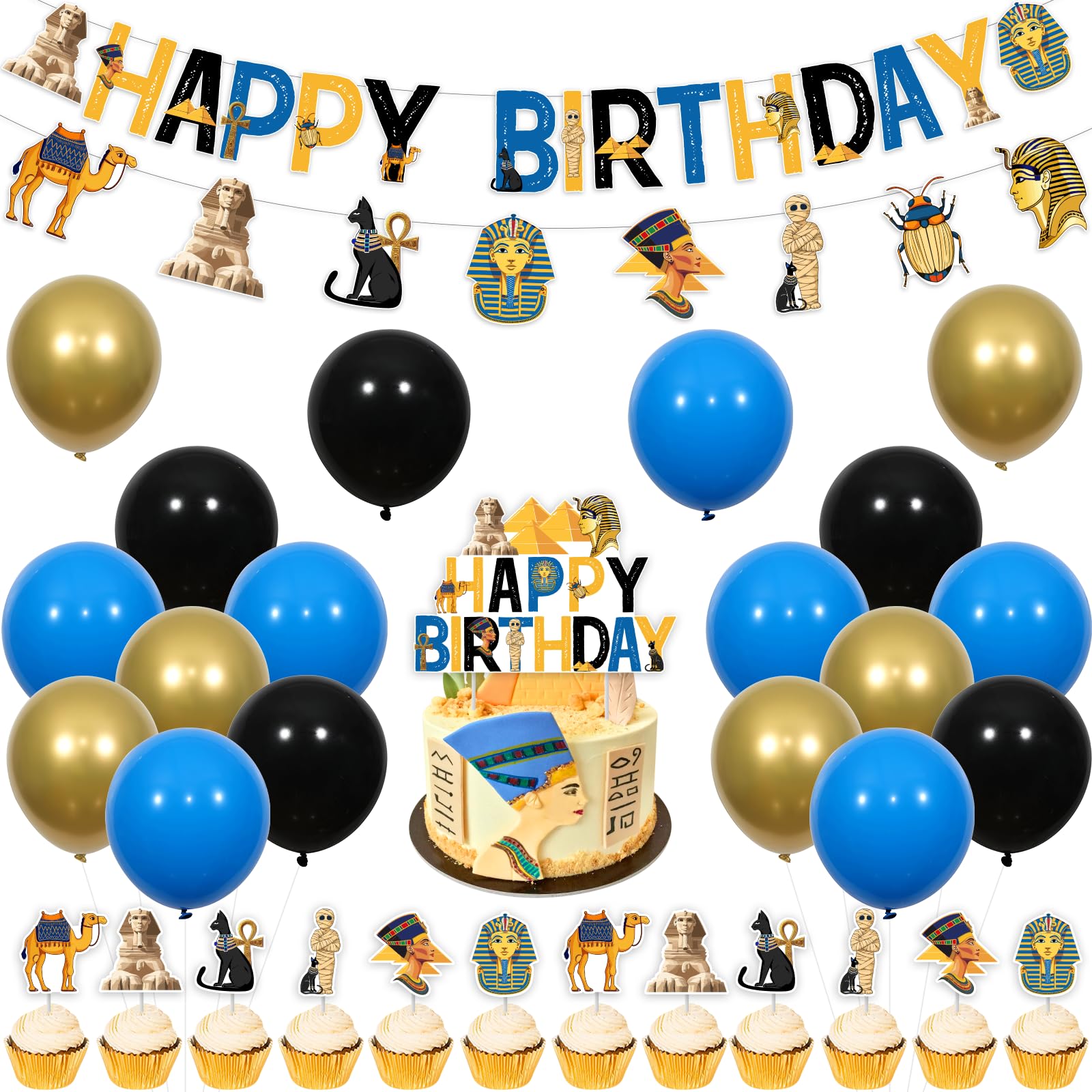Cheereveal Egyptian Party Decorations, Ancient Egypt Birthday Decorations, Egypt Happy Birthday Banner, Pyramid Mummy Pharaoh Cake Toppers, Egyptian Bday Baby Shower Party Supplies