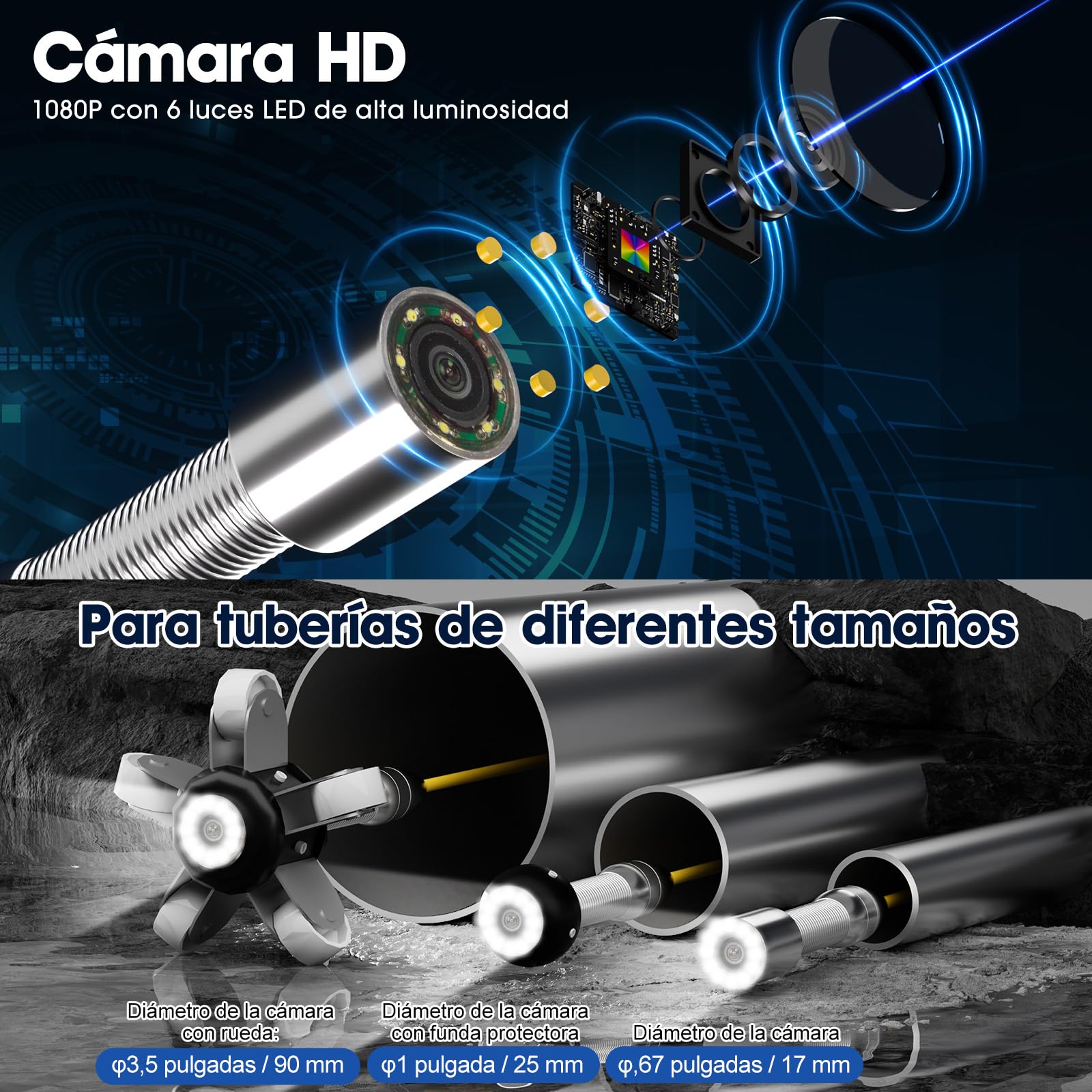 Cámara de Alcantarillado 50m, cámara de inspección de desagüe de tuberías de 4.3 Pulgadas con función DVR y 6 Luces LED, Endoscopio Industrial Impermeable IP68 de 17 mm