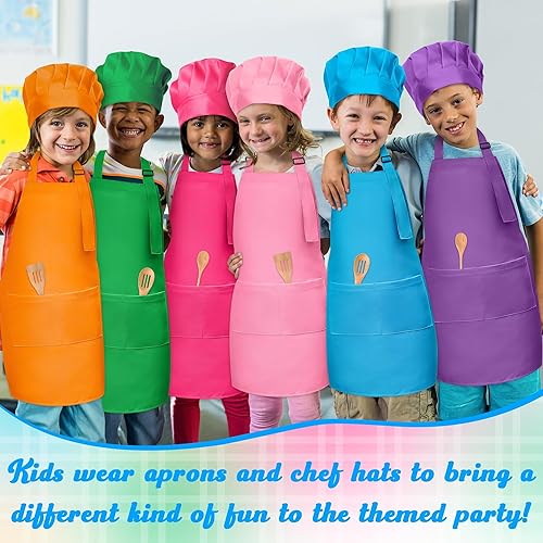 Miniatura 5 de Juego de delantal y sombrero de chef para niños, 6 piezas de delantal de cocina ajustable colorido para niñas y niños, juguete de simulación, regalo