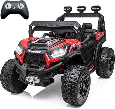 sopbost 24V Kids Ride On Car مع جهاز تحكم عن بعد يعمل بالبطارية 4 عجلات 2x2/4x4 بمحرك ركوب على UTV ألعاب ركوب للأولاد والبنات، عجلات إطارات EVA، أحمر