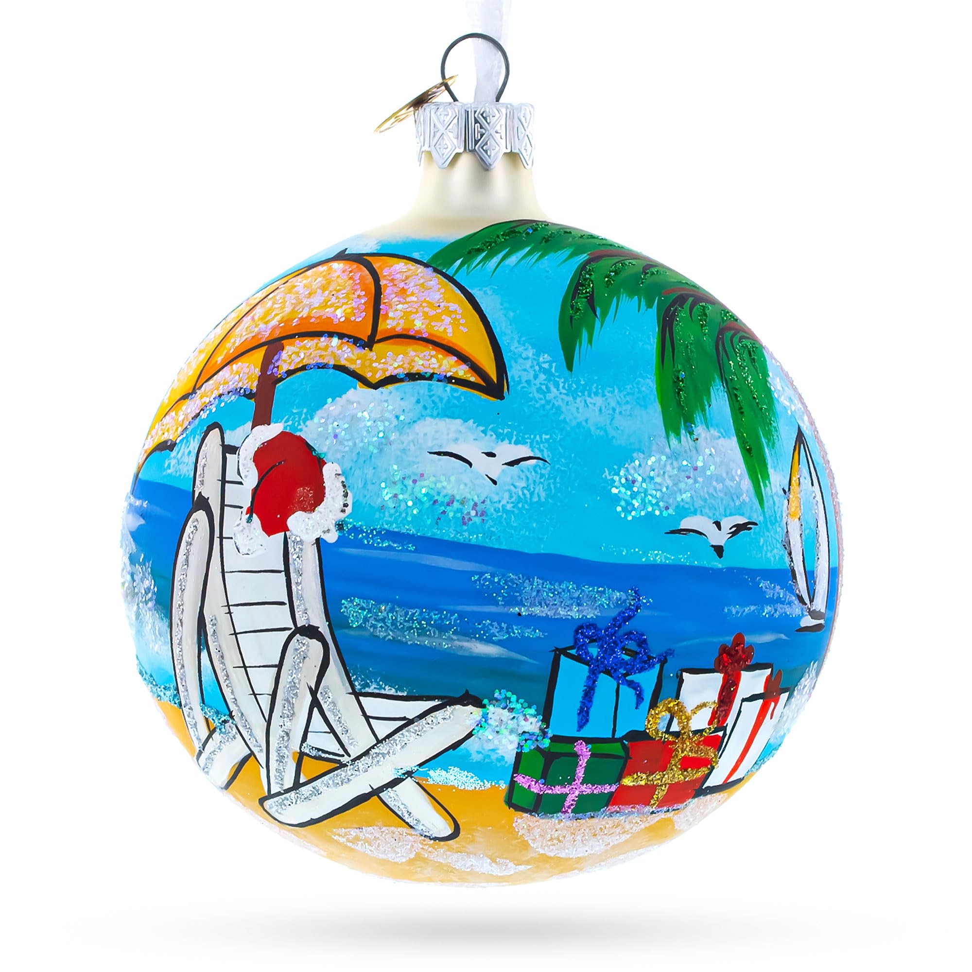 BestPysanky Boule de verre en forme de chapeau de Père Noël à la plage