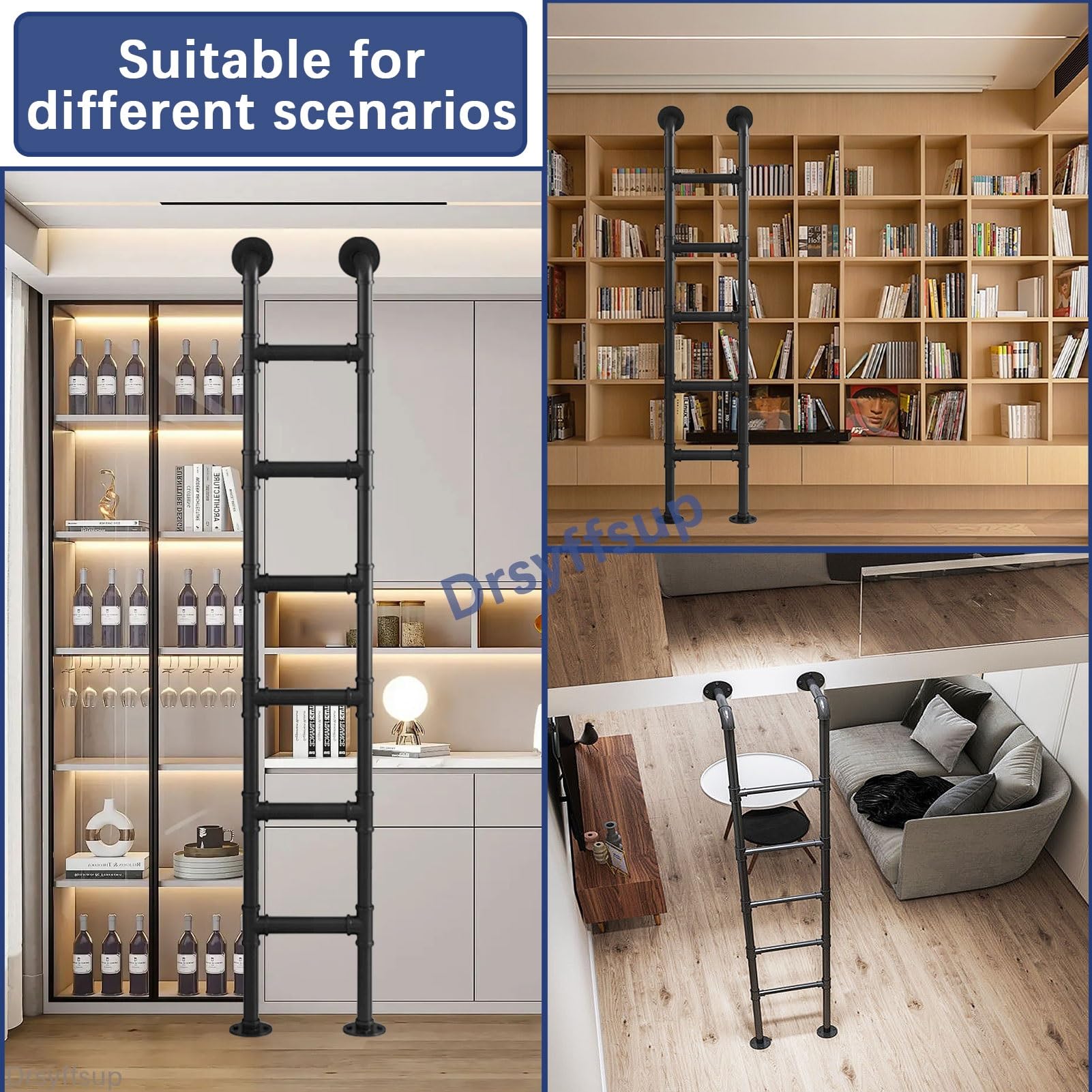 Escalera para literas de Metal Negro para Loft de casa, Escalera de Entrada y Salida de 3,3 a 9,8 pies de Altura, escaleras Colgantes de Pared Resistentes para techos, sótanos, Ven