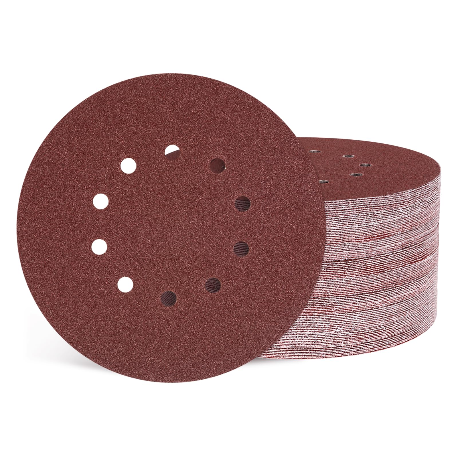 100 discos de lija orbitales de 8-7/8 pulgadas, grano 40, 10 agujeros, adecuados para lijadoras de yeso, muebles de madera, metal, color rojo