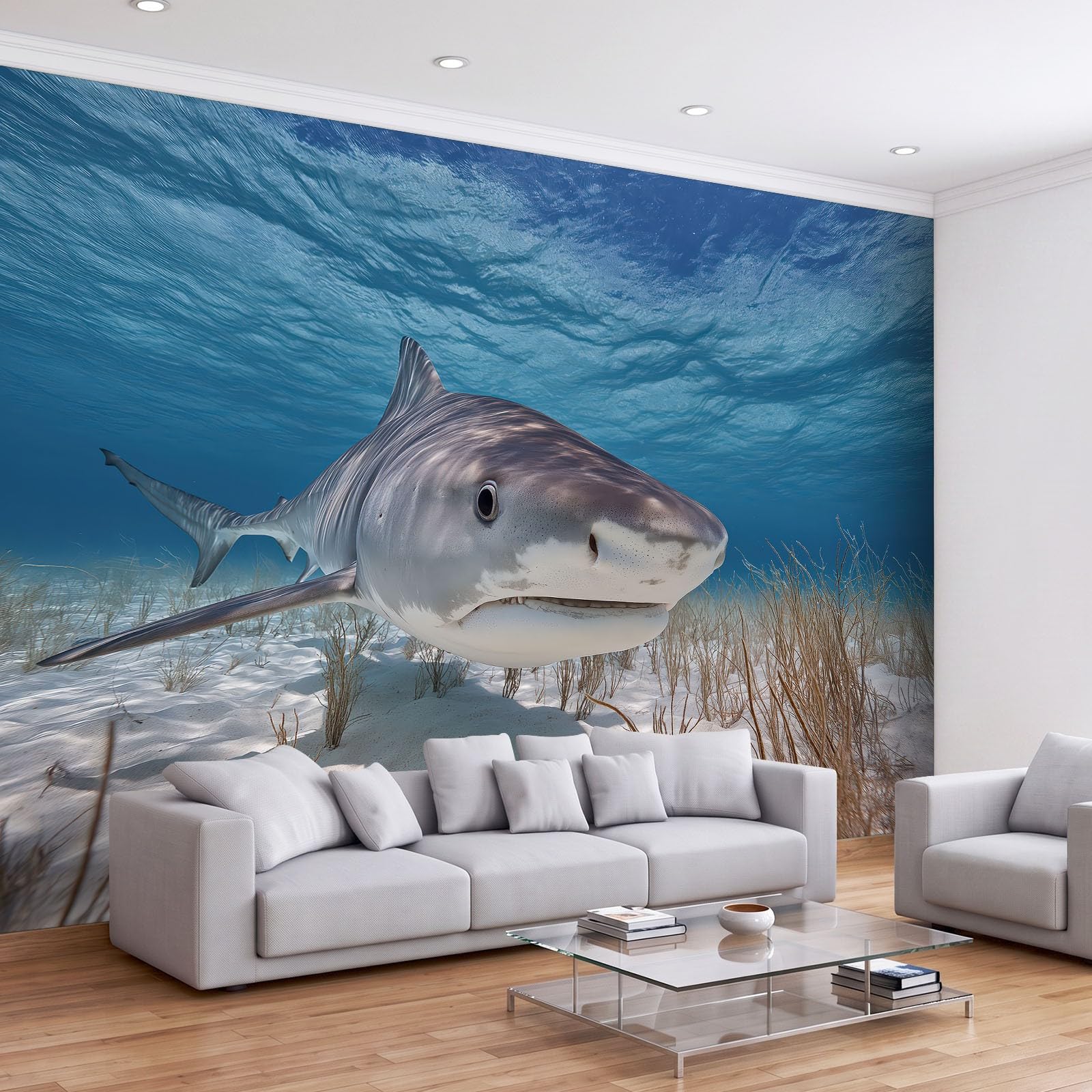 Générique 200 x 140 cm Panoramiczna Fotografia Zwierzęta Rekin Tygrys 3D Projekt ścienny, dekoracja ścienna, tapety z włókniny dekoracja ścienna salon sypialnia, niebieski