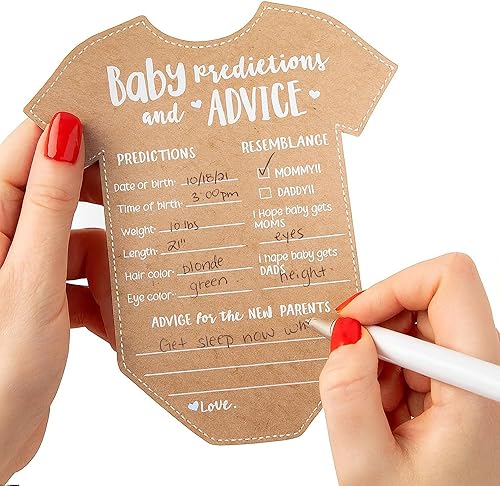 Kate Aspen Predicciones de bebé para tarjetas de consejos de baby shower, 50 unidades con forma de mameluco para niña o niño, decoración de género