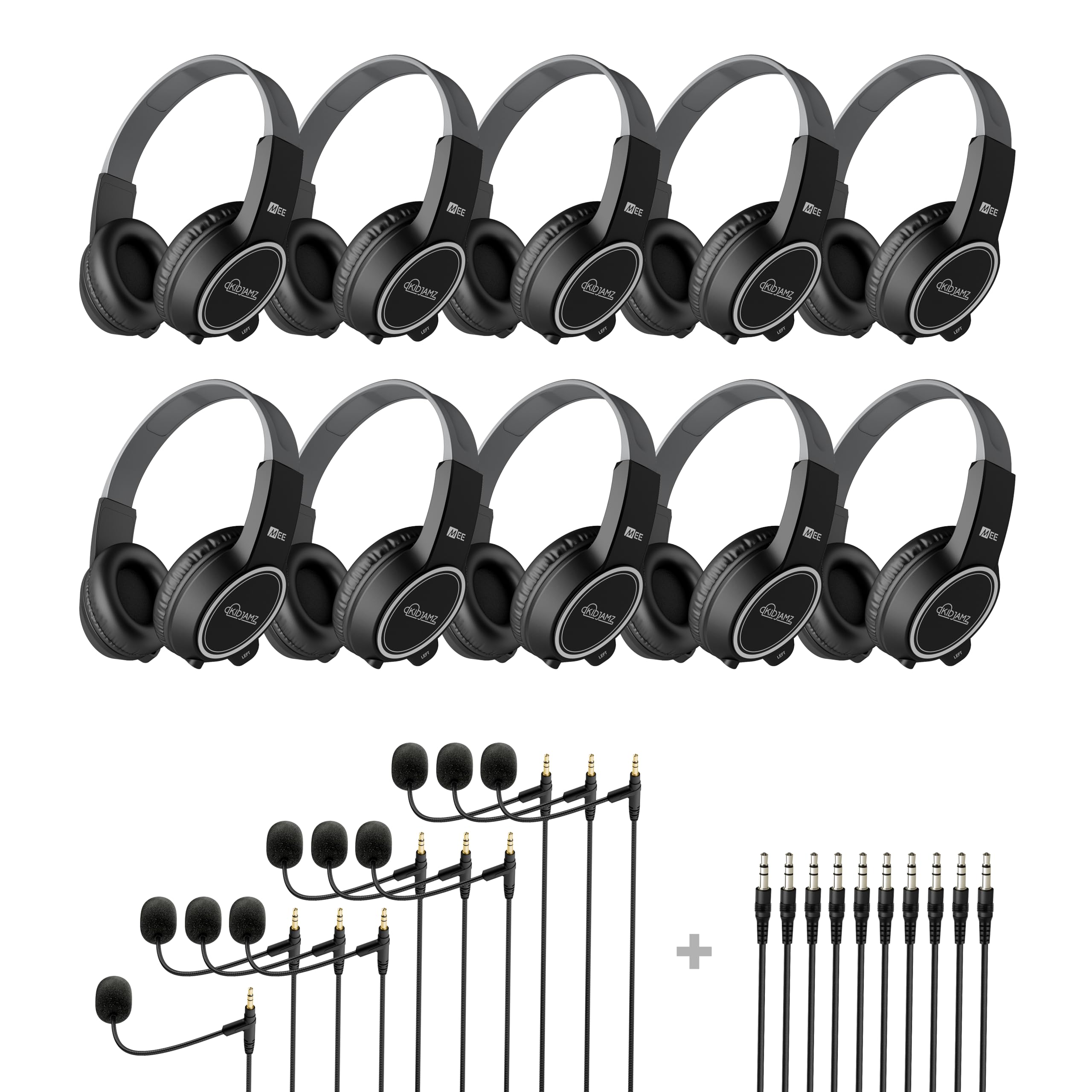 MEE audio KidJamz 10-Pack Classroom School Headphones, Adjustable On-Ear Student Headsets with 3.5mm Jack &amp; Boom Mic, Volume Limiting, Durable Design w/Detachable Cords, Bulk 10pk + 20 Cables (Black)