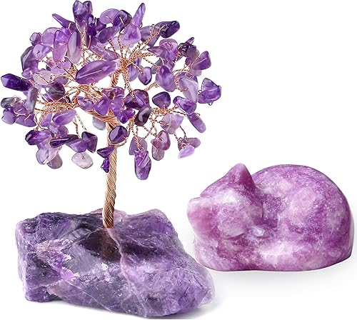 QINJIEJIE Paquete de árbol de cristal de amatista y estatua de gato lepidolita, cristales curativos naturales de Reiki, piedra preciosa de Reiki