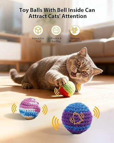 Miniatura 2 de Omldggr 3 bolas de juguete para gatos y 3 juguetes de hierba gatera, ratones de ganchillo, juguete de bola de lana para gatos con campana en el