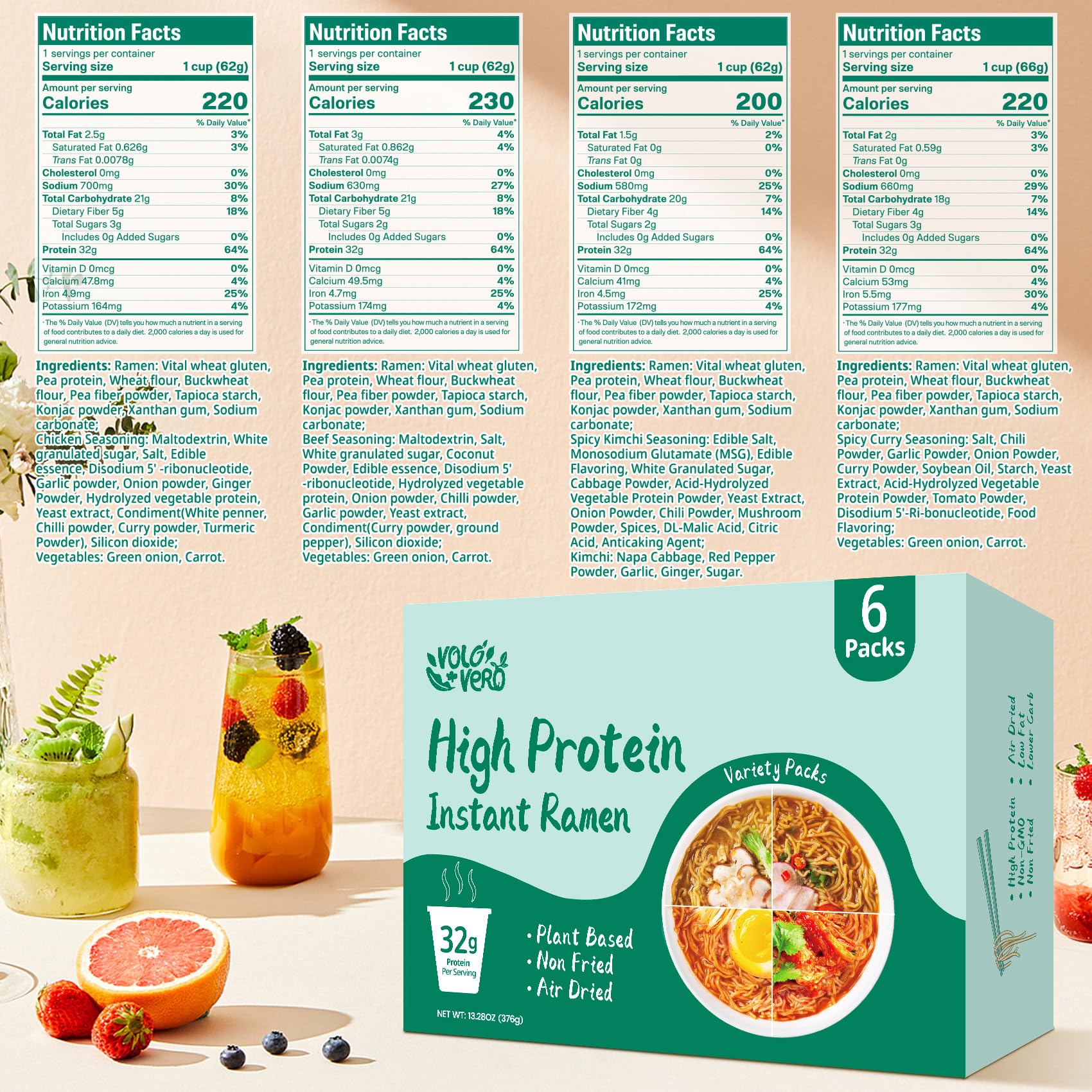 VOLO VERO High Protein (32g) Ramen Noodles Cup Variety Pack, Plant-Based, Non-Fried, Vegan, Low Fat | Chicken, “Spicy” Beef, Kimchi, Curry Flavors | 6-Packs, Quick Healthy Asian Meal