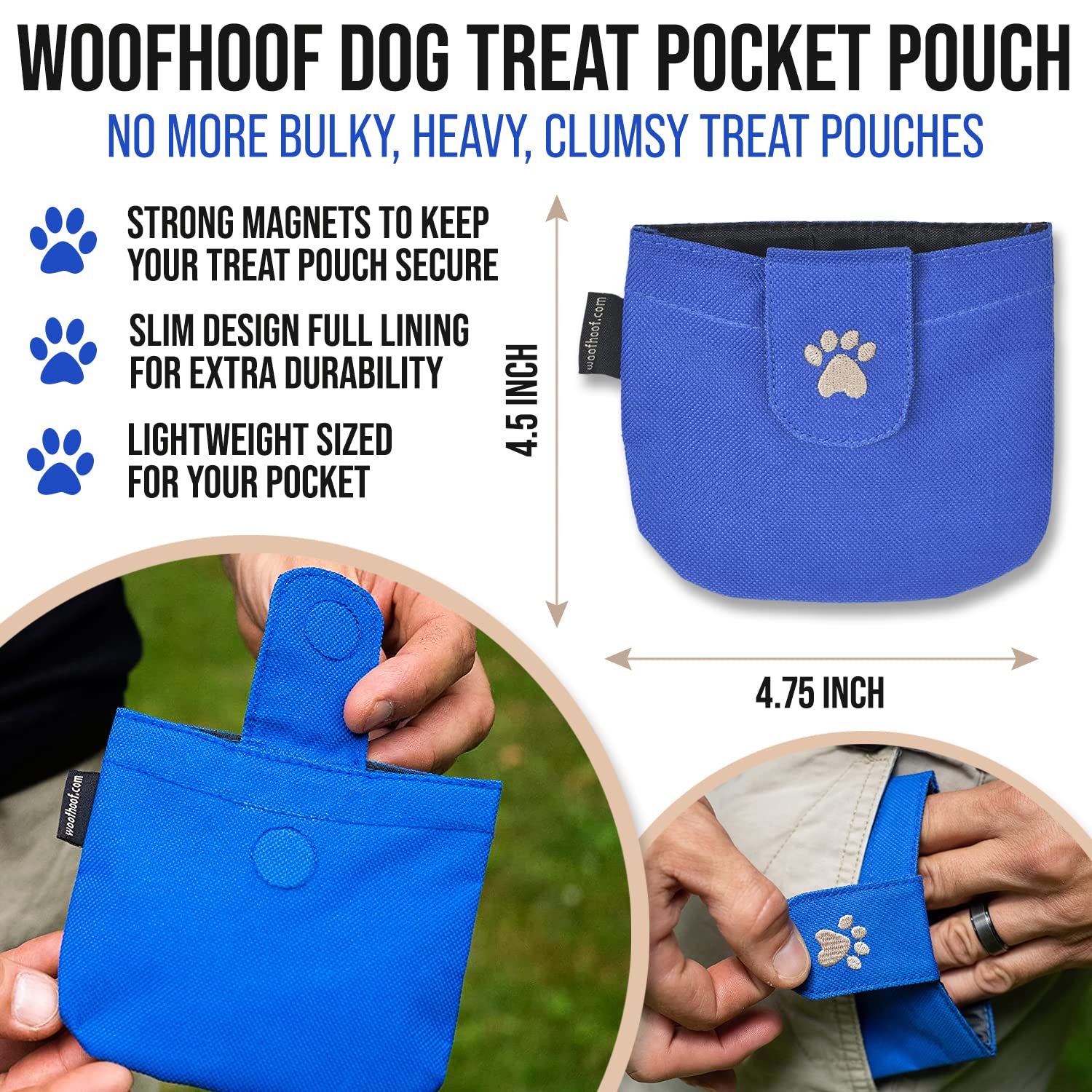 Woofhoof Pochette à friandises pour chien, pochette bleue de poche pour friandises d'entraînement – Support de friandises léger pour chien avec rabat magnétique pour plus de stabilité, accessoire