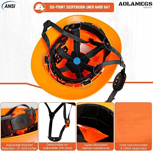 Miniatura 7 de Aolamegs Safe Casco duro de ala completa con patrón de fibra de carbono con visera, casco de seguridad de construcción aprobado por la OSHA para