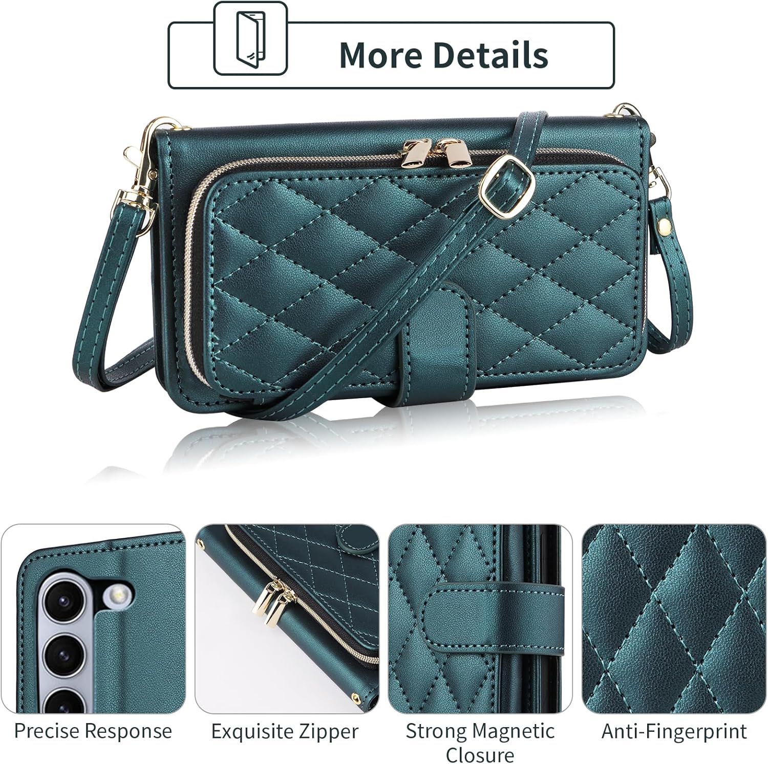 Argyle Wallet Case for Samsung Galaxy Z Flip 6 5G 2024 with Wrist Strap Shoulder Strap, 9+ Card Slots Zipper Purse, Luxury PU Leather Stand Cell Phone Cover for ZFlip6 Z6 G Flip6 6Z Green