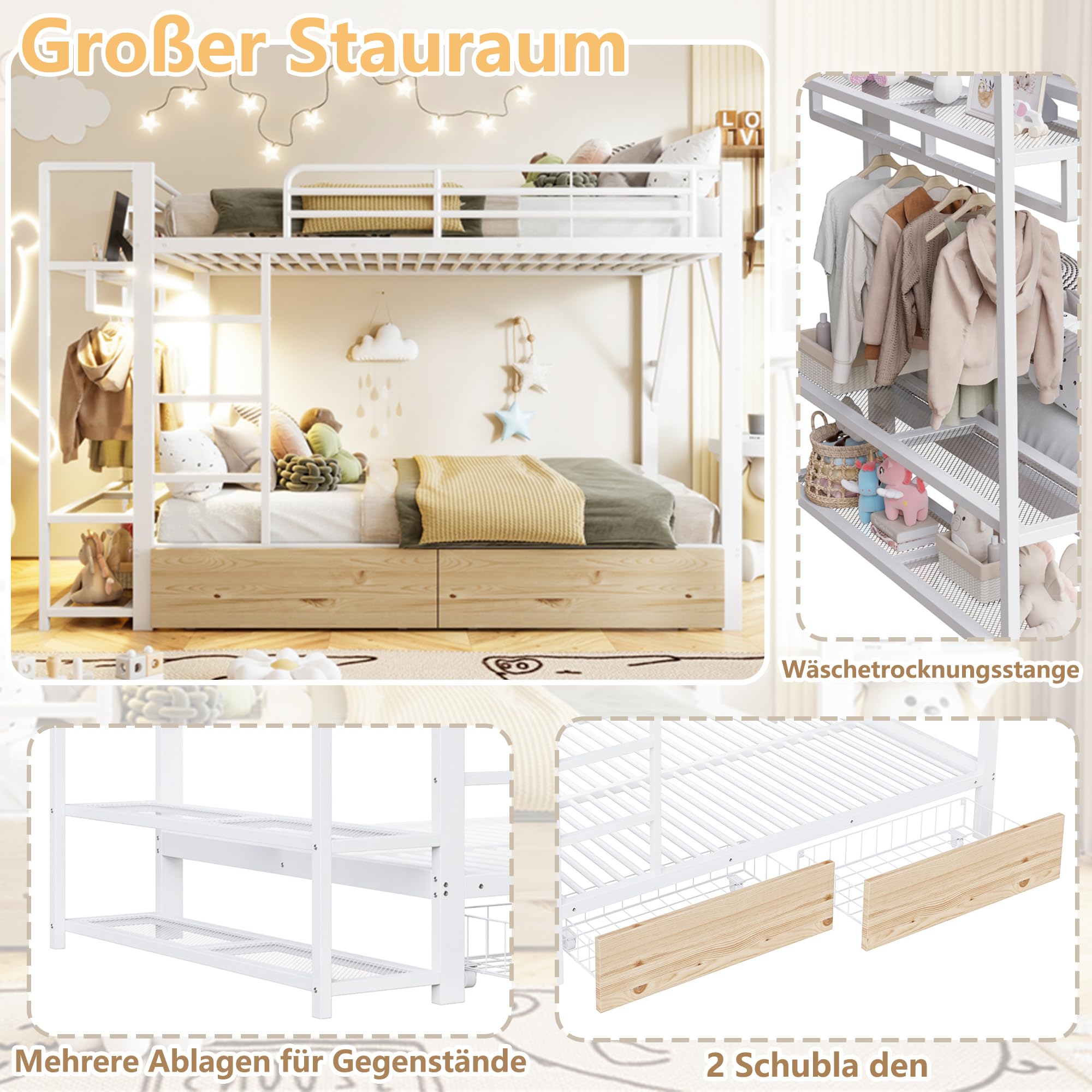 Letto a soppalco 140x200cm con striscia luminosa a LED e appendiabiti,metallo letto a castello con 2 cassetti e ripiani multipli,ferro letto matrimoniale,letti per ado,senza materasso,Bianco