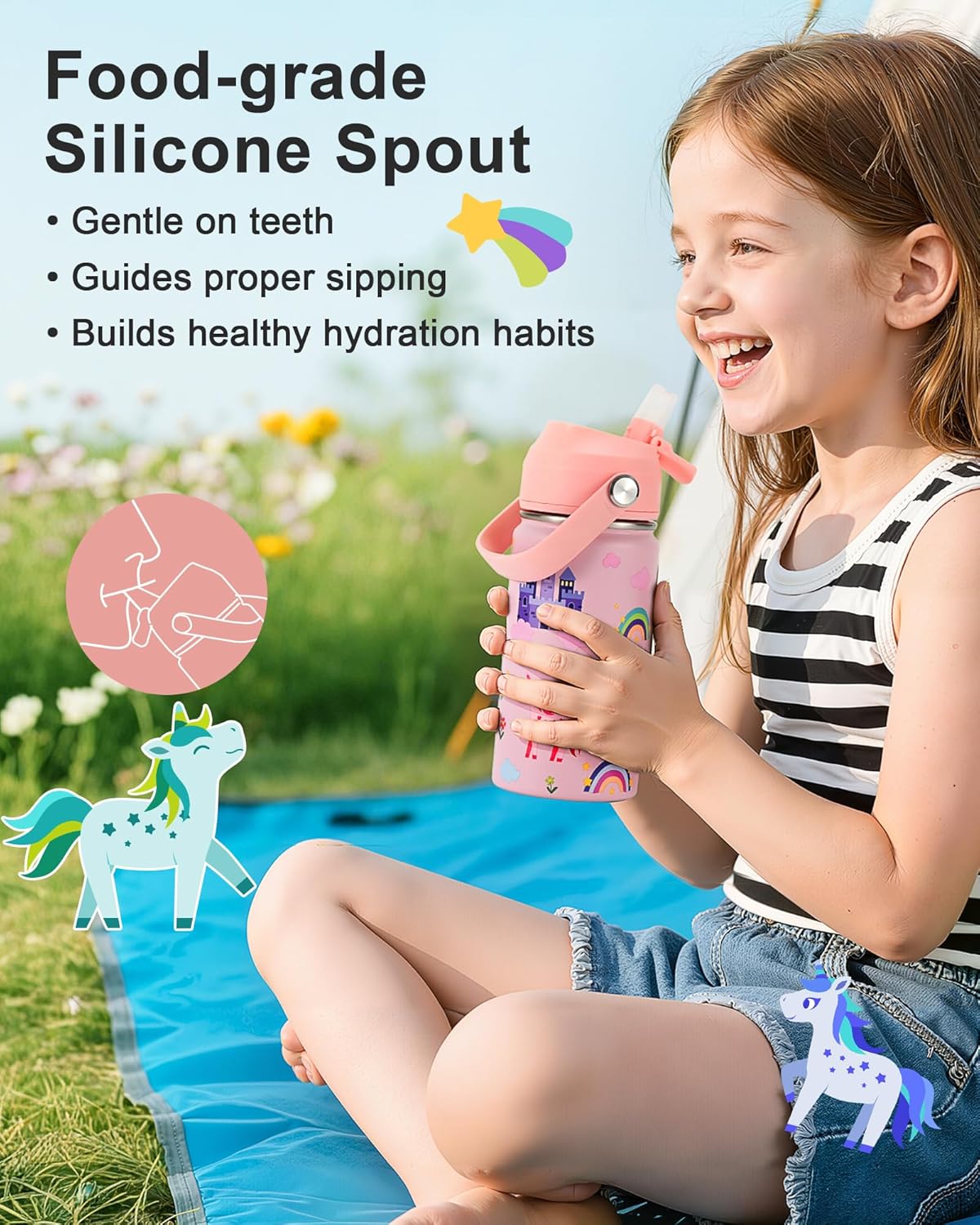 Kids Water Bottle 14oz with Silicone Straw Lid - Insulated Toddler Water Bottle Stainless Steel Keeps Cold 24H, Leak Proof & Unicorn Rainbow Prints Girls Design | Custom Name Tag for School, Pink - Image 2