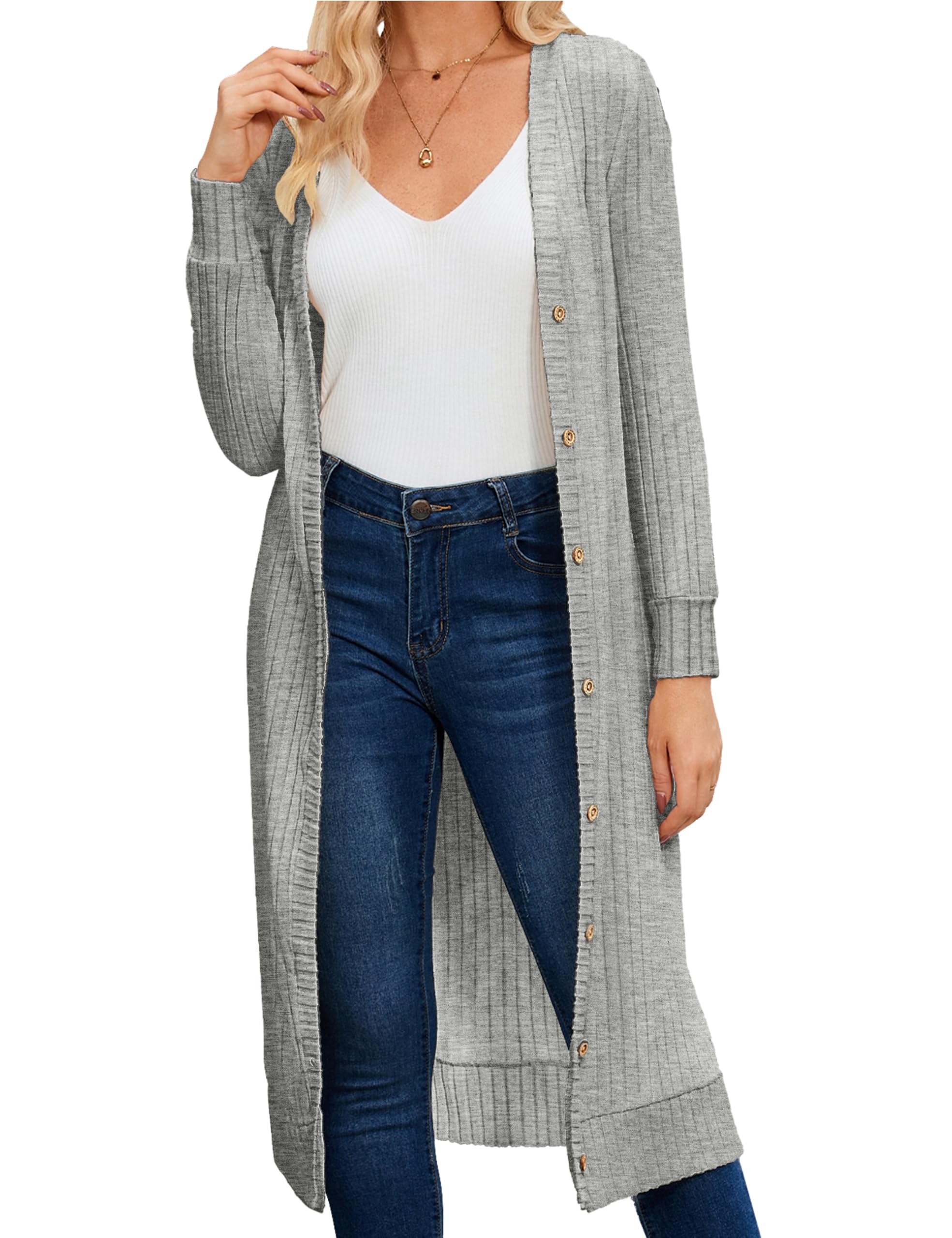 MAKABO Womens Long Cardigans Lightweight V Neck Knit Button Front Sweaters with Pockets Trendy Outfits for Business Casual