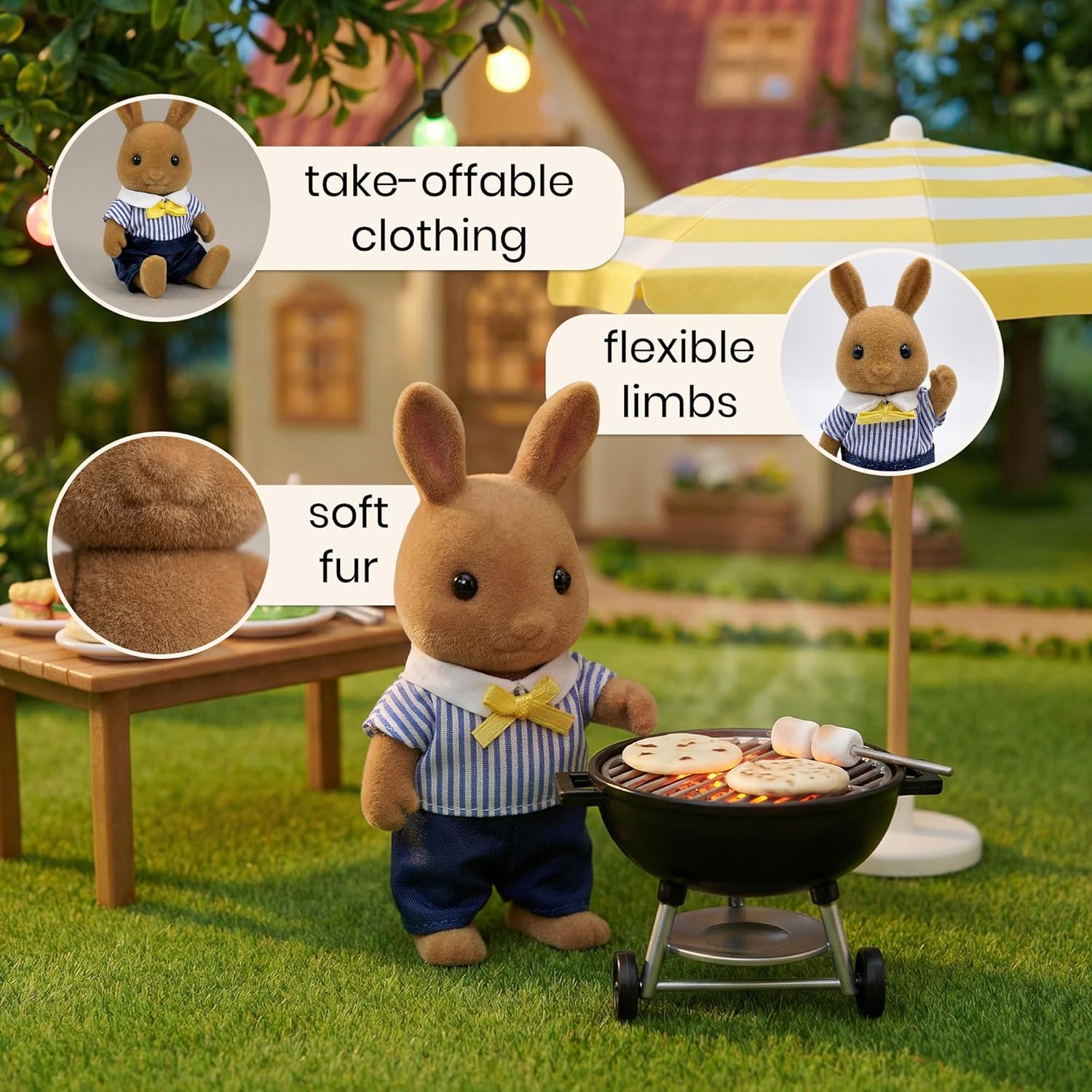 Family Brown Rabbit Figures — Set of 3 Collectible Flocked Mini Dolls with Removable Clothes, Dollhouse Pretend Play Set for Kids Ages 3+