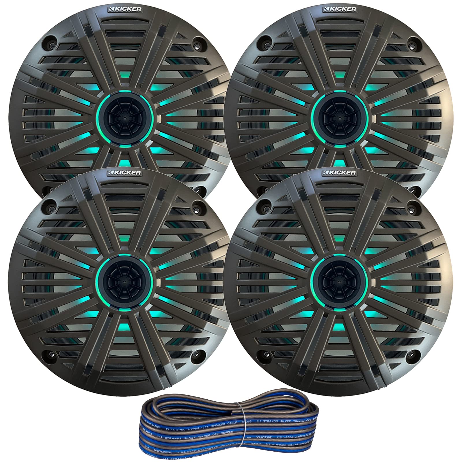 2 Pair (Qty 4) of Kicker 6.5" 2-Way 195 Watts Max Power Coaxial Marine Audio Multicolor LED Speakers with Charcoal Salt Water Grilles, 50-Feet 16-