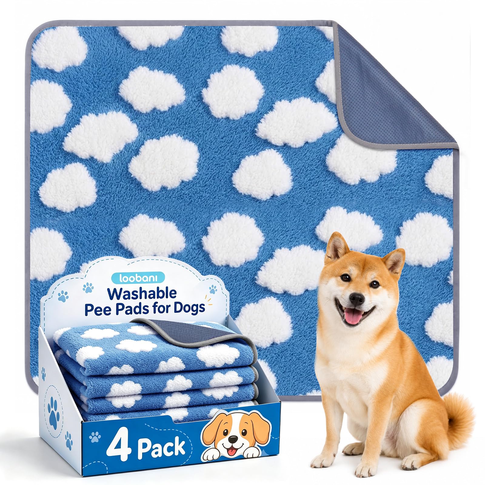 LOOBANI 4 Pack Washable Pee Pads for Dogs, Floor, 30"x34",Blue