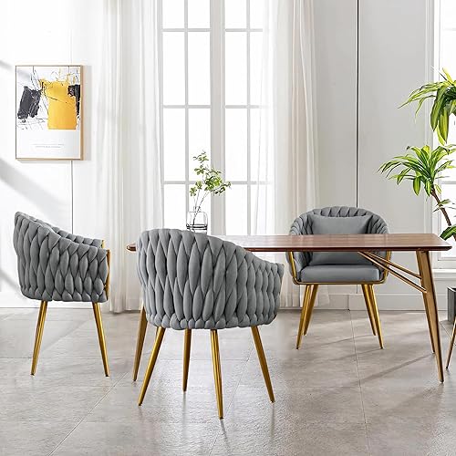 Miniatura 7 de Sillas de comedor tejidas, modernas sillas de comedor con patas antideslizantes de metal dorado, respaldo alto curvado, silla de comedor tapizada