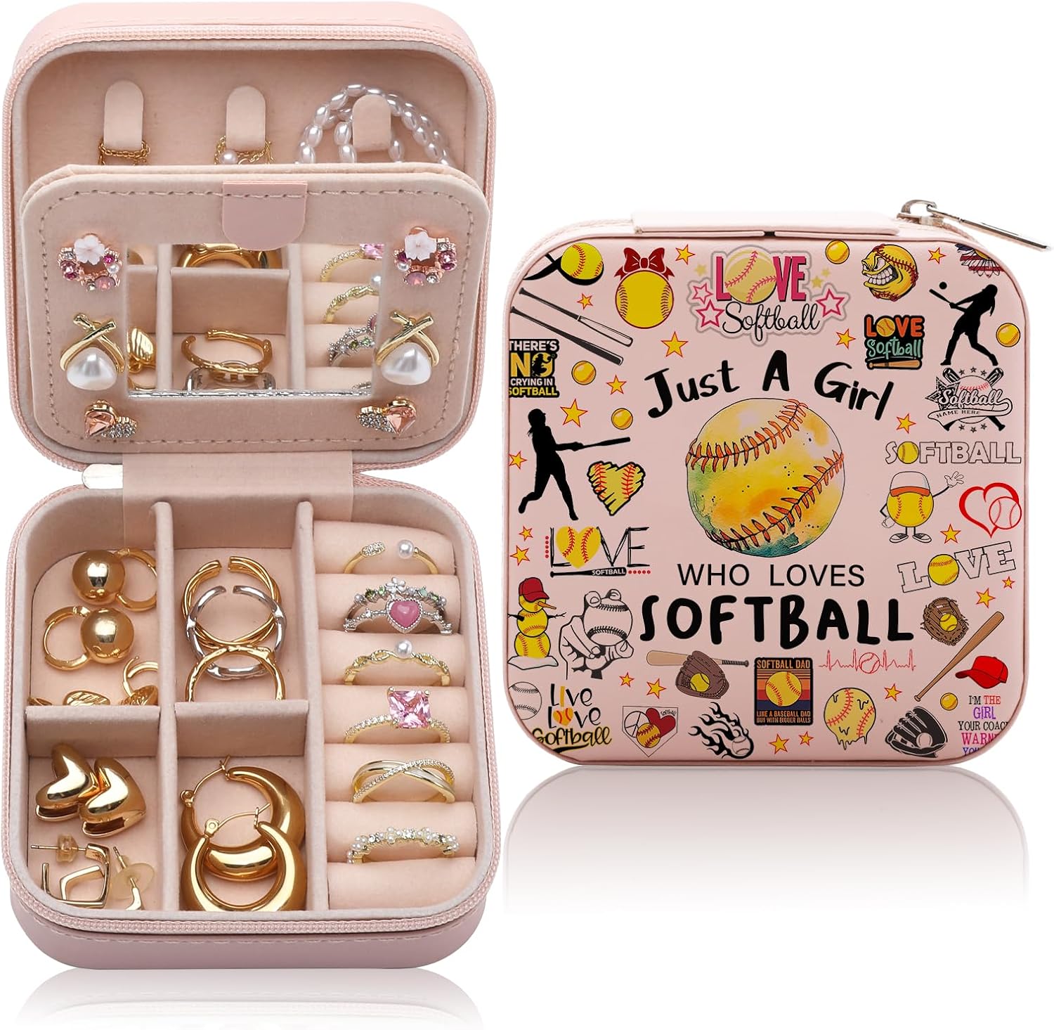 Softball Gifts Jewelry Box for Women, Birthday Gifts for Softball Lovers Players, Softballs Accessories for Women, Small Travel Jewelry Case Organizer for Female Friends