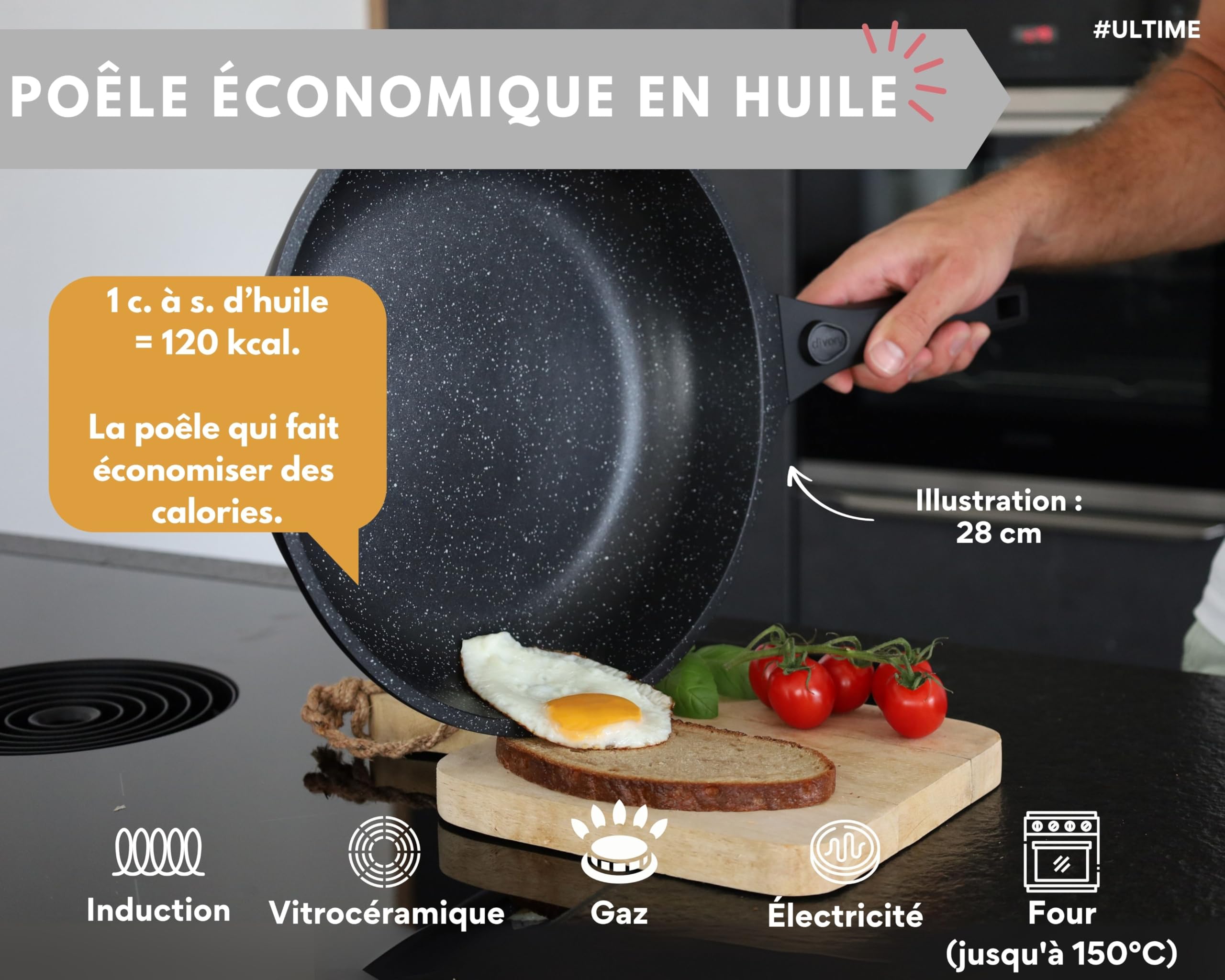 DIVORY Set de 3 poêles Poêle 20cm, 24cm, 28cm avec poignée amovible, induction, revêtement anti-adhésif poêle à frire haute + protège-poêle - Poêle à induction
