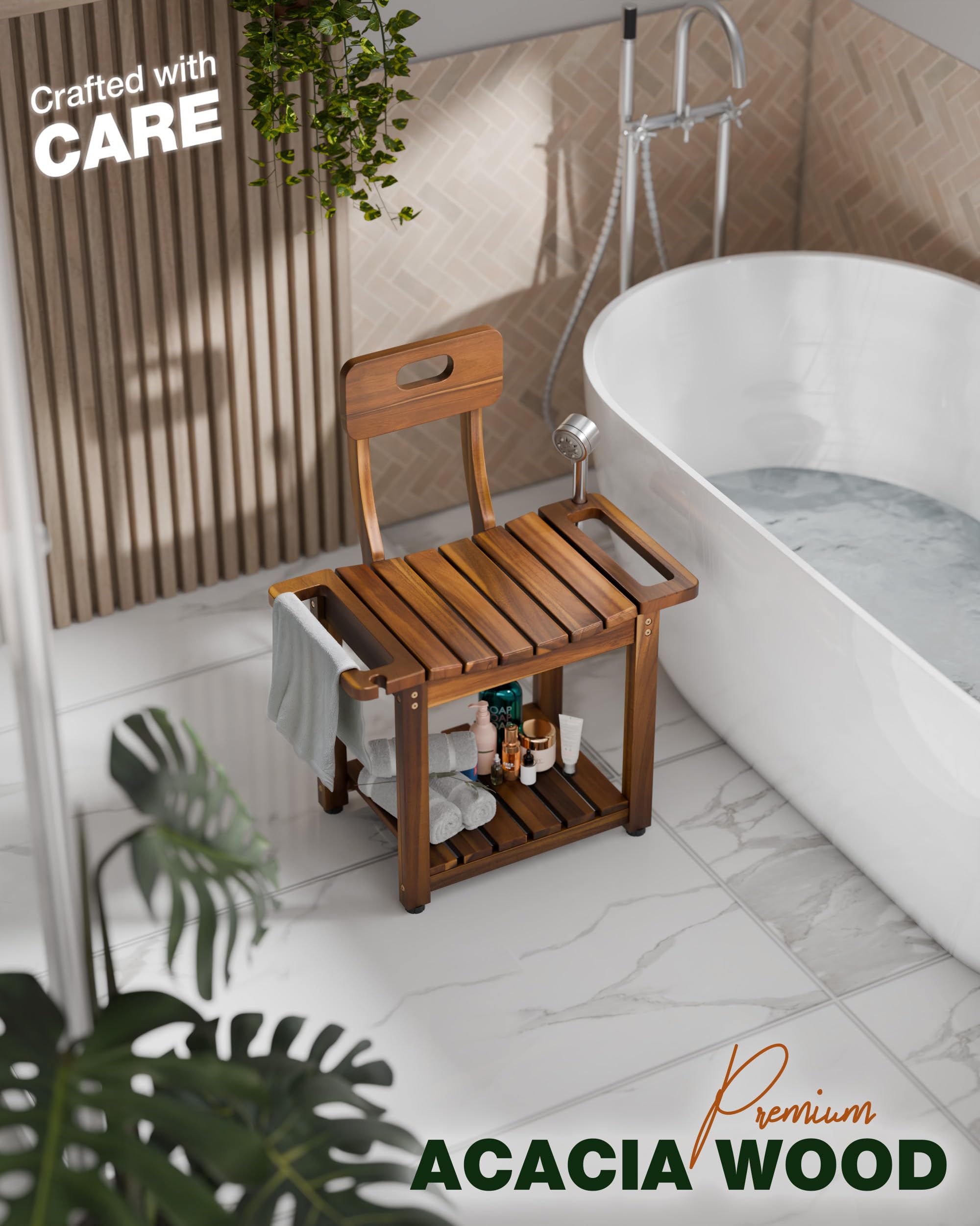 BLUEWEST Silla de ducha de 23.4 pulgadas con respaldo para ducha o bañera interior, soporta hasta 450 libras, diseño resistente con asas integradas, pies antideslizantes, estante inferior de