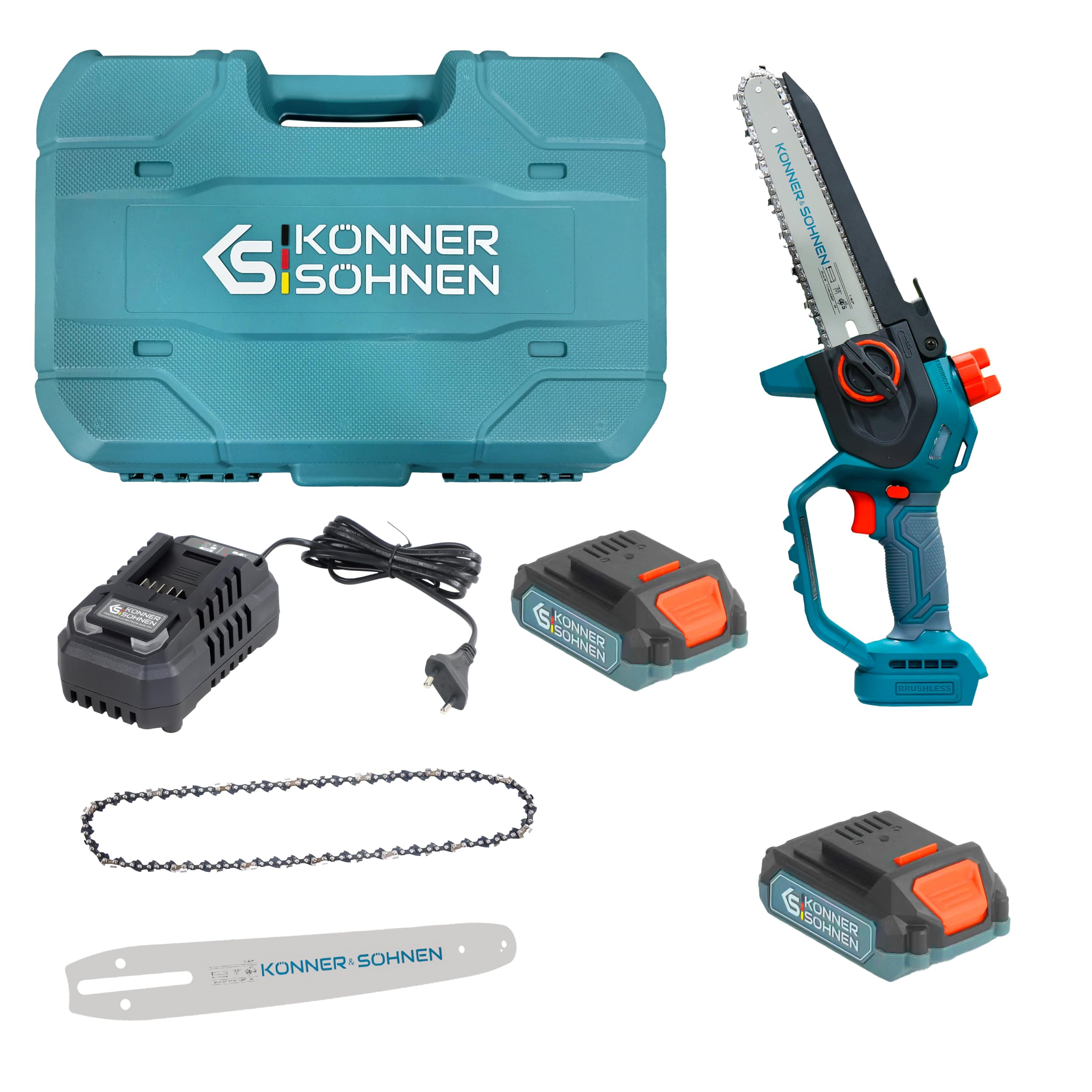 K&S Könner&Söhnen KS MCS20V-8 CASE PLUS - Minimotosierra inalámbrica con riel de 8 pulgadas y velocidad de cadena de 8 m/s, cargador de batería de 20 V y 2 rieles y 2 cadenas de 8 pulgadas. Batería KS