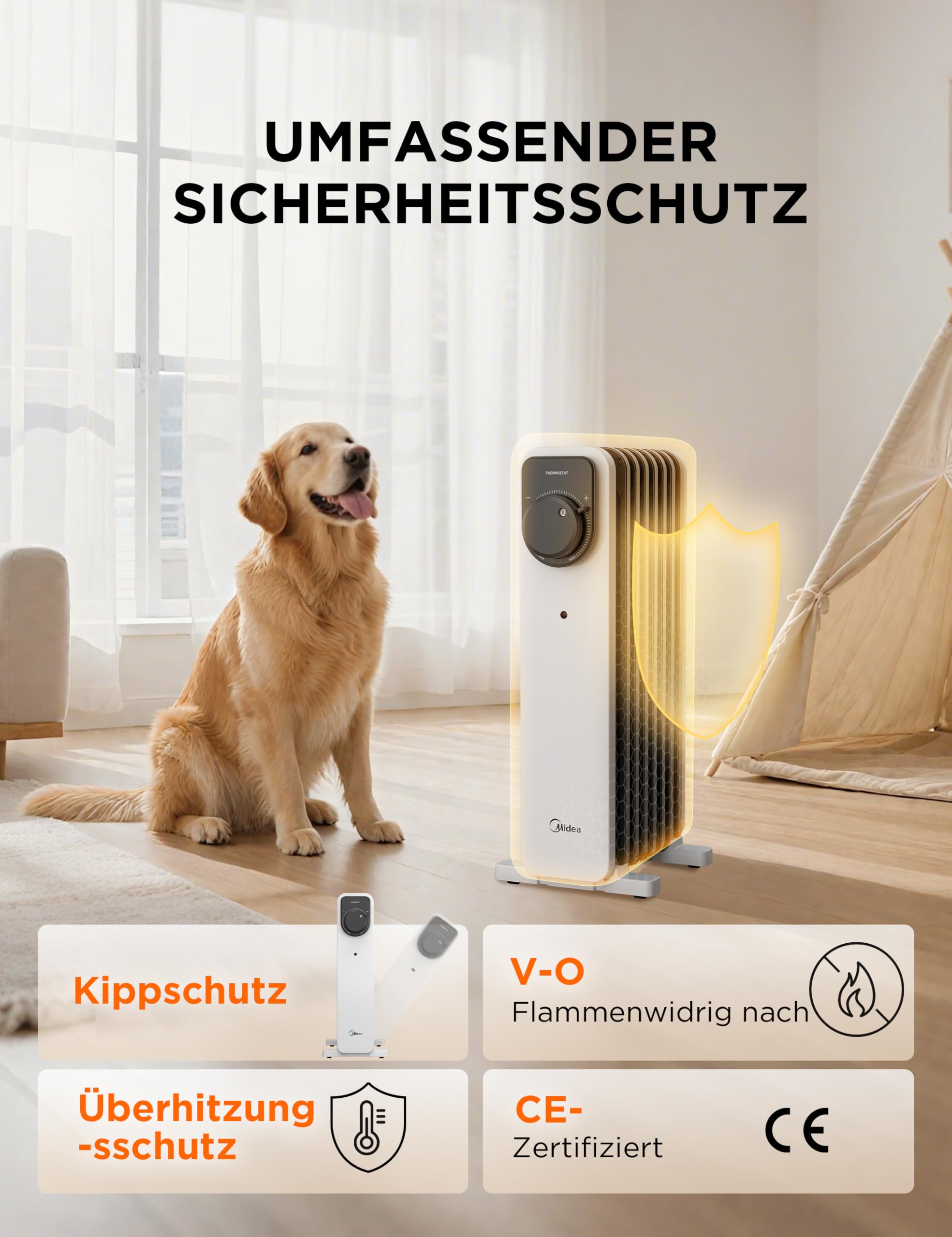 Midea Ölradiator, 2000W 9 Rippen tragbarer Elektroheizer mit Drehknopfregelung und einstellbarem Thermostat, 3 Heizstufen, Kipp- und Überhitzungsschutz, ultra-leise im Büro & Zuhause