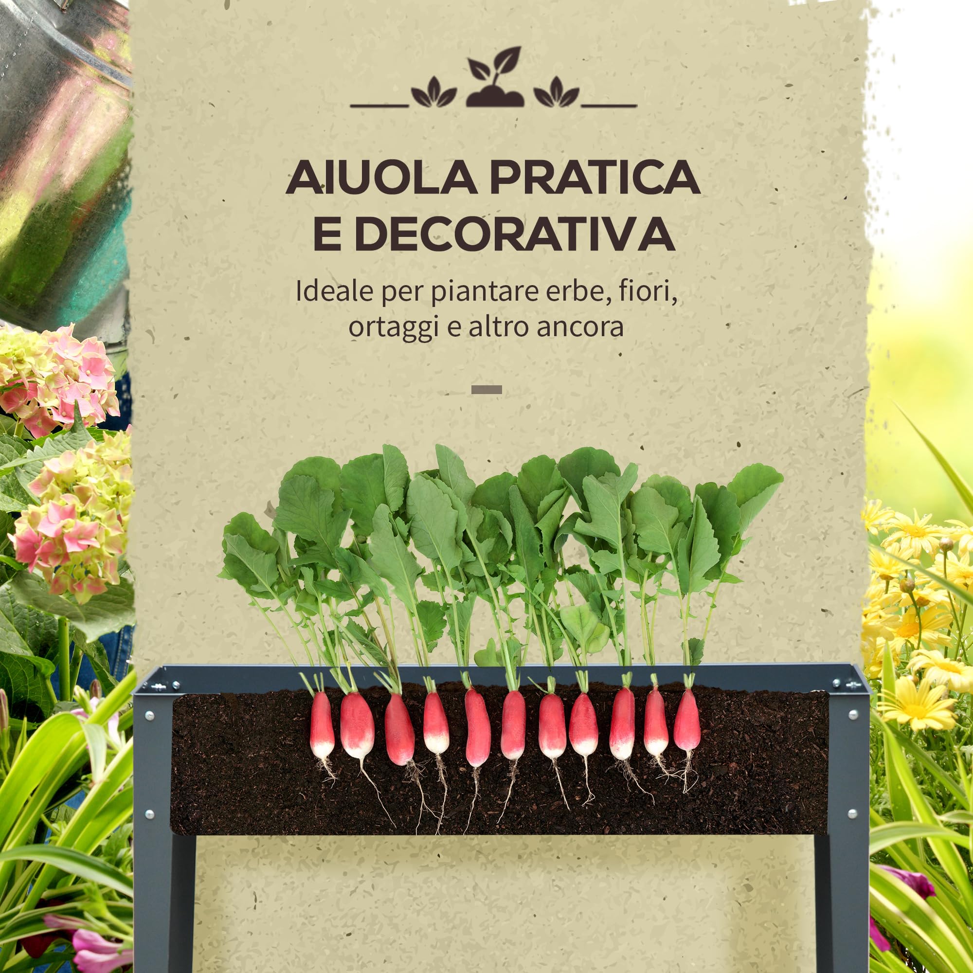 Outsunny Fioriera da Esterno Rialzata con 3 Fori di Drenaggio, Fioriera in Metallo per Giardino e Balcone, 100x30x80 cm, Grigio Scuro