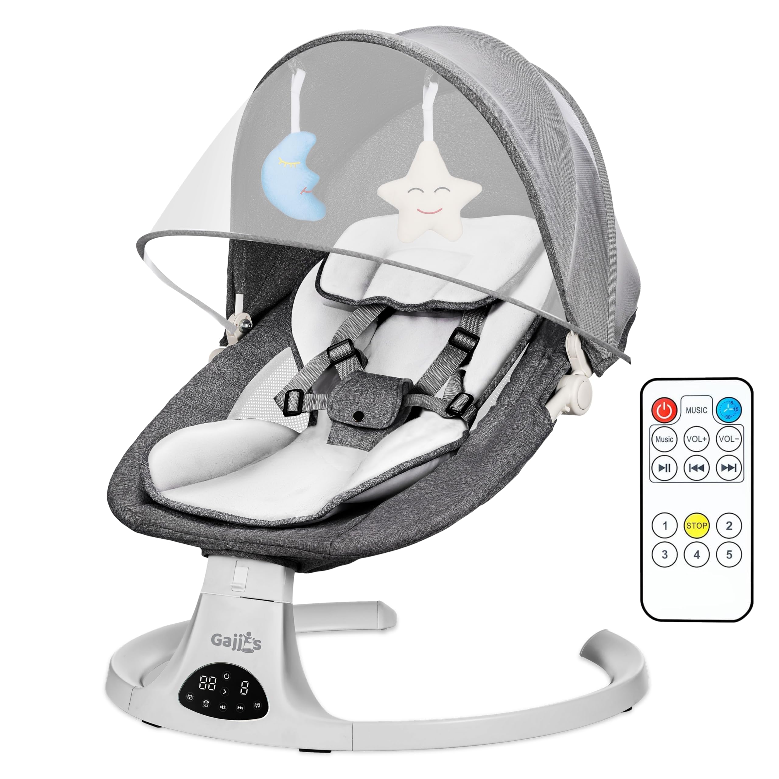 Baby Bouncer Swing Chair from Birth | 5-Speed Baby Swing with Remote Control, 3-Stage Timer, Soft Padded Seat & 2 Plush Toys | Newborn Infant Bouncer. (Grey)