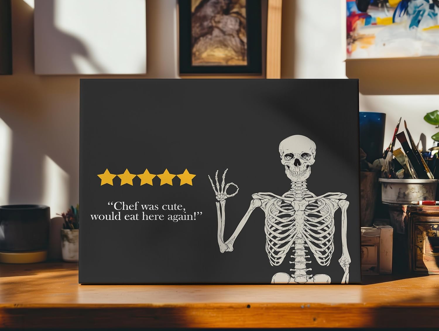 Poster Master Chef Was Cute Would Eat Here Again Canvas - Skeleton Print - Halloween Art - Gift for Men & Women - Fun Gothic Decor for Kitchen, Dining Room or Restaurant - 8x10 STRETCHED Canvas