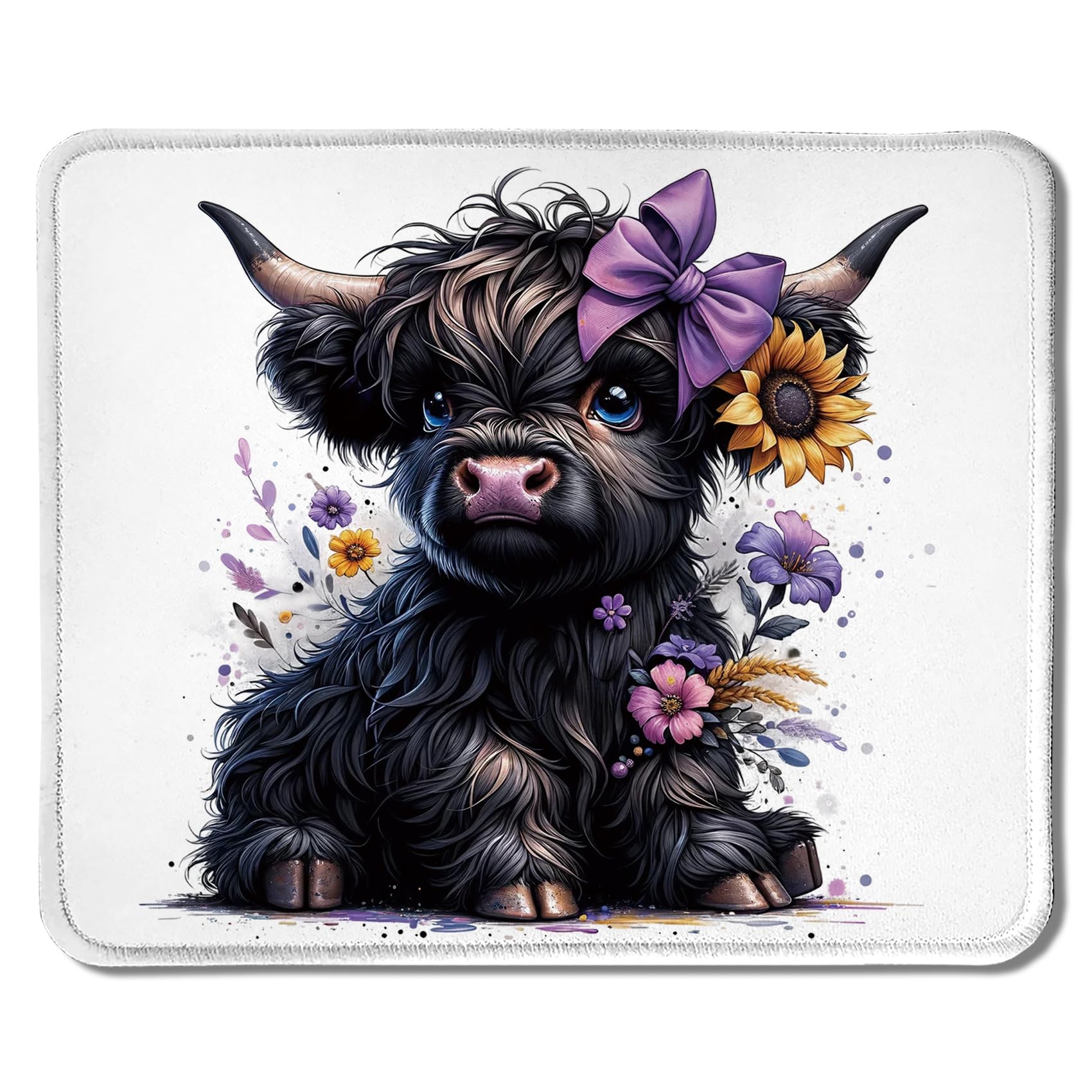 Foritho Black Highland Cow Mouse Pad, Cute Sunflower Western Baby Highland Cow Heifer with Purple Bow Mouse Pads Mousepad for Work Gaming Computers