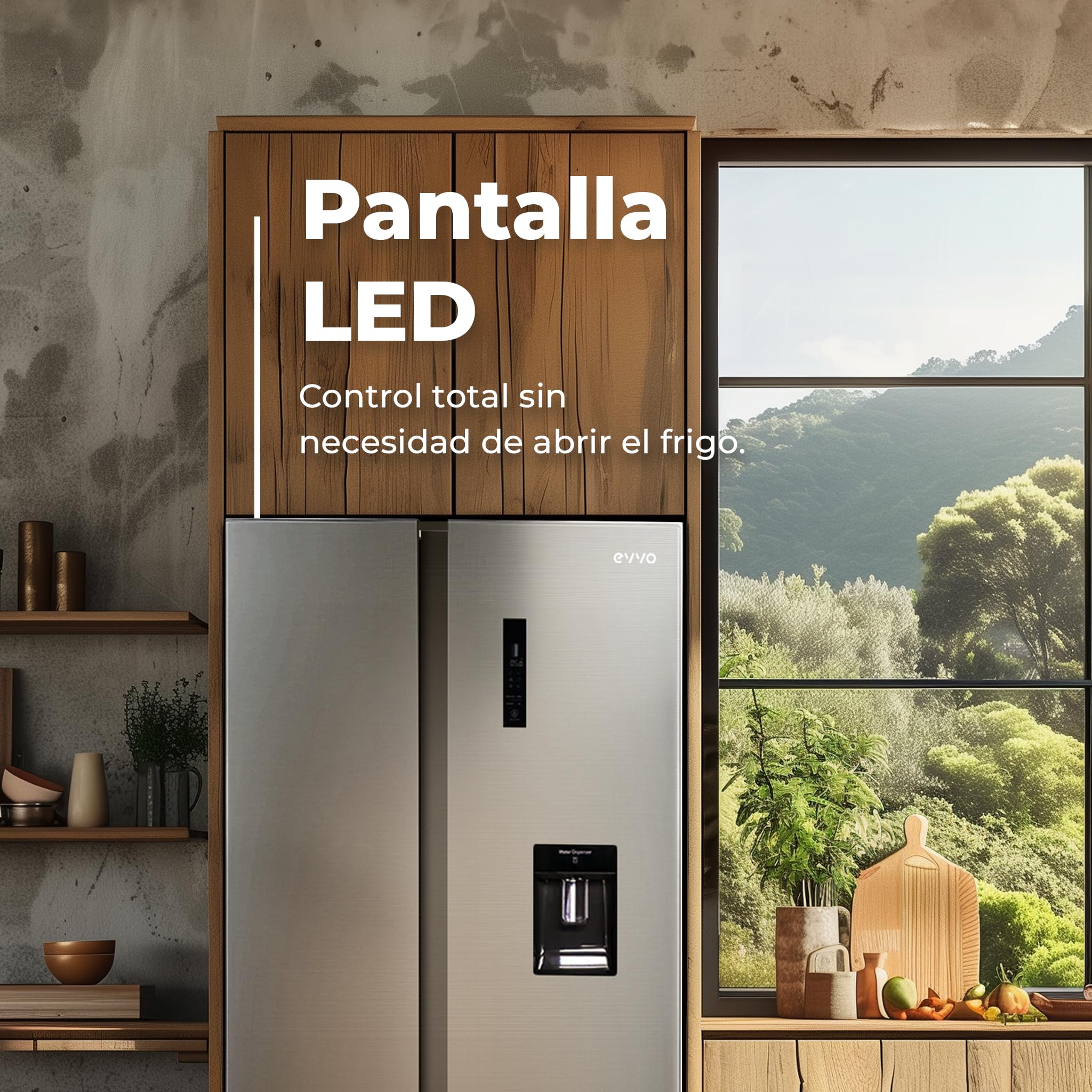 EVVO Frigorífico Americano 2 Puertas, Total No Frost, Compresor Inverter, Capacidad frigorífico 356L y 203L Nevera, Dispensador de Agua, Elegante Display Integrado, Modelo: F90X Aqua (Acabado Inox)