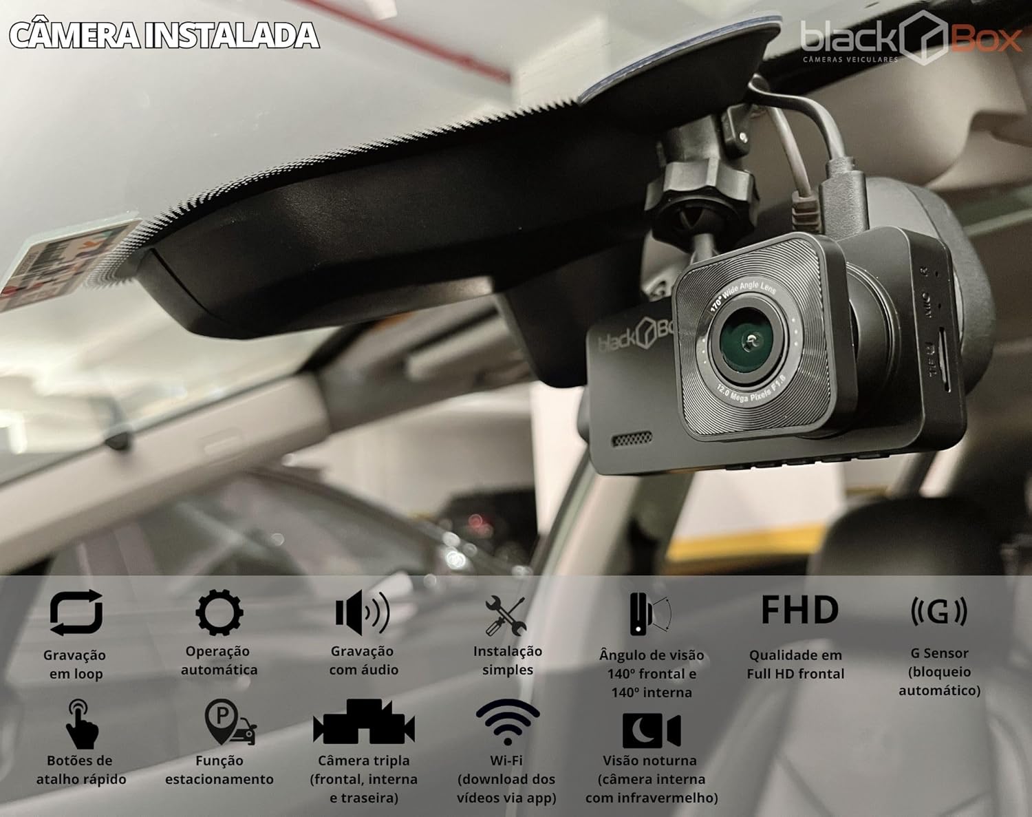 Black Box GP3 Dash Cam installed on a car windshield.