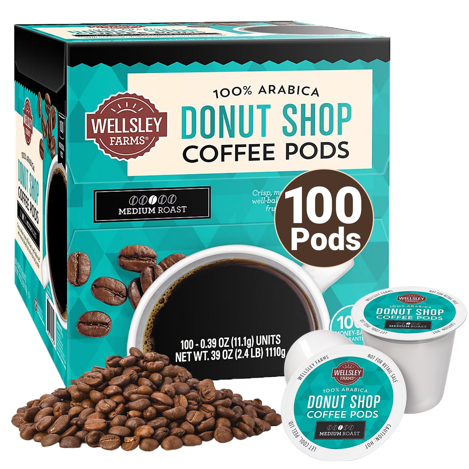 Wellsley FarmsDonut Shop Coffee Pods | Medium Roast | Crafted with 100% Arabica Coffee | Rich Caramel & Nutty Flavor | Recyclable Pods | Compatible with Single-Serve Brewers | 100 Count Box